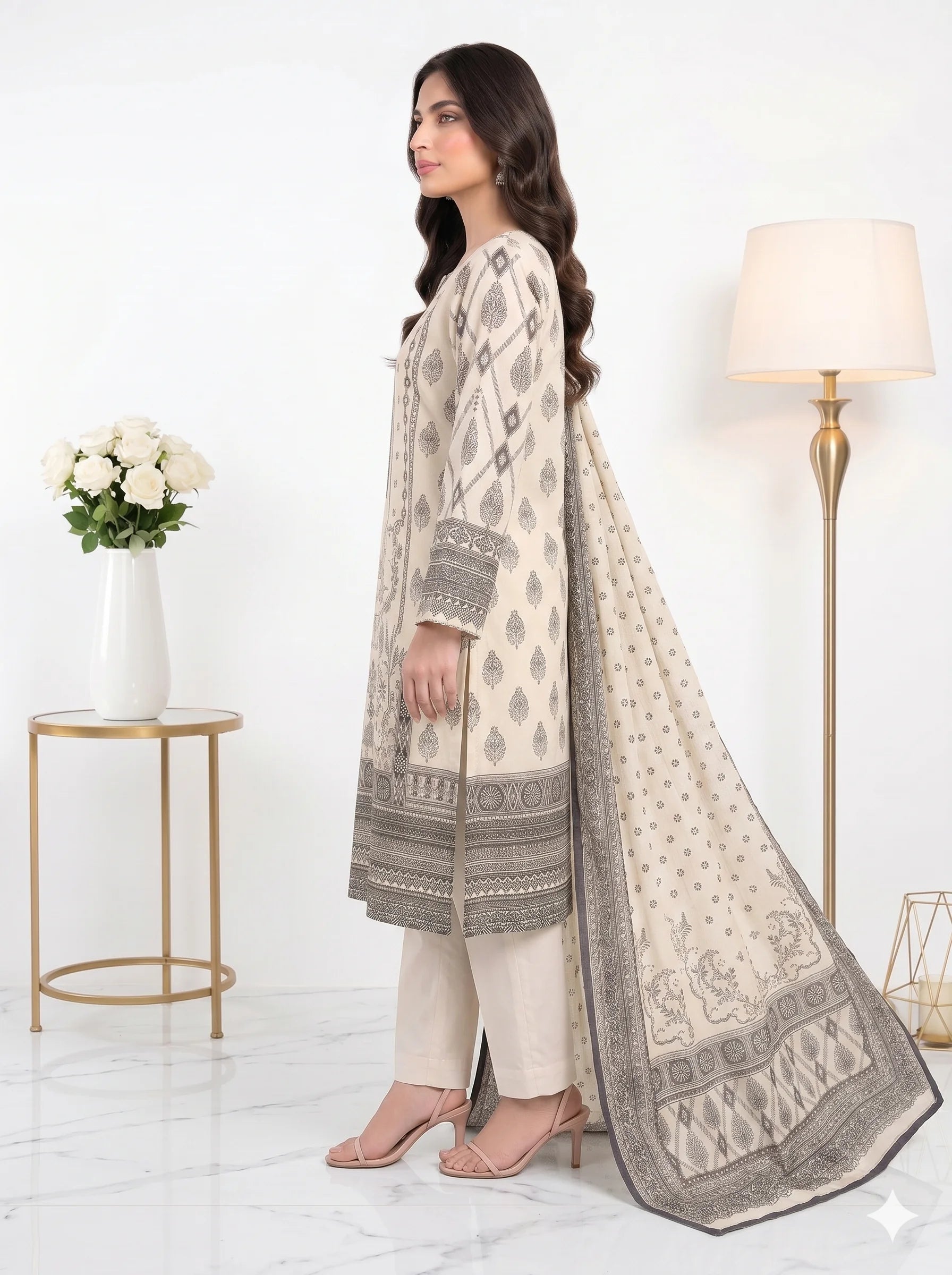 Ivory Grey Geometric Printed Lawn — 3 Piece Unstitched
