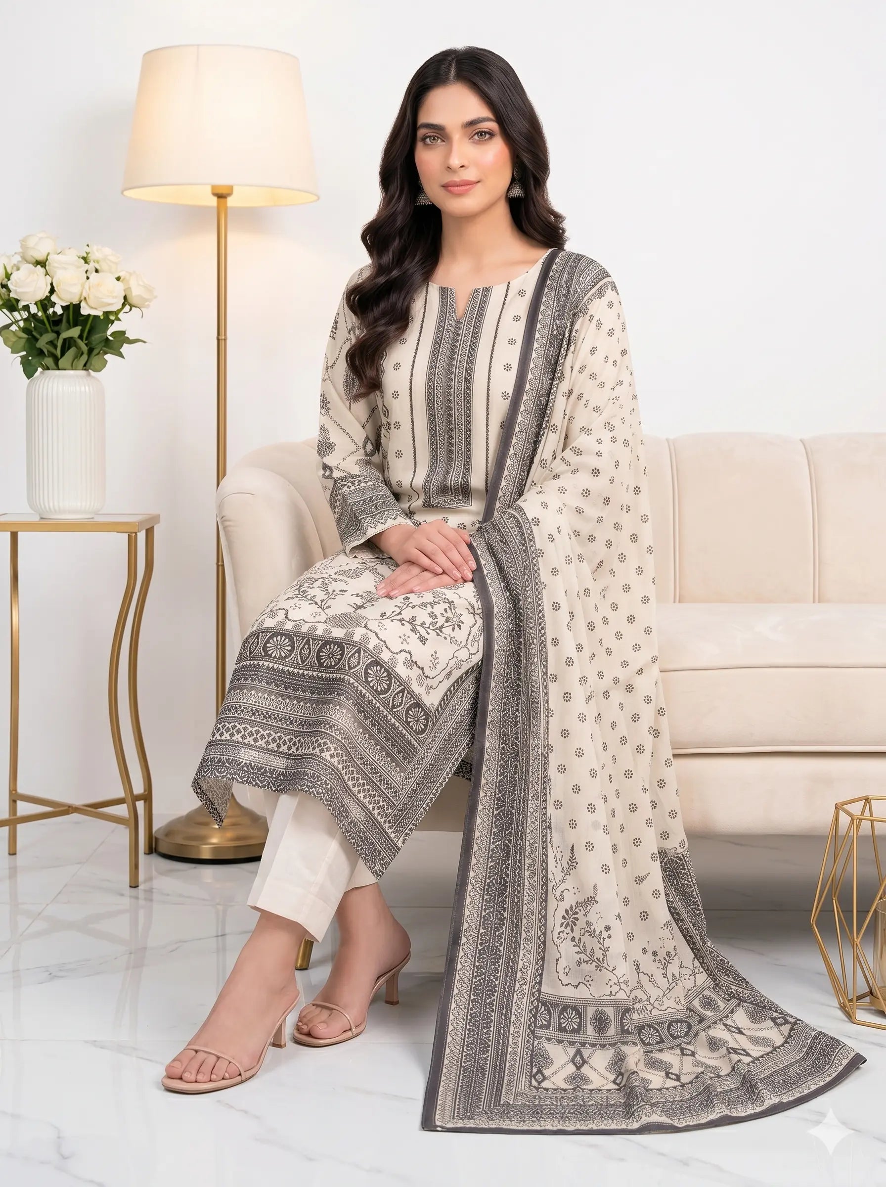 Ivory Grey Geometric Printed Lawn — 3 Piece Unstitched