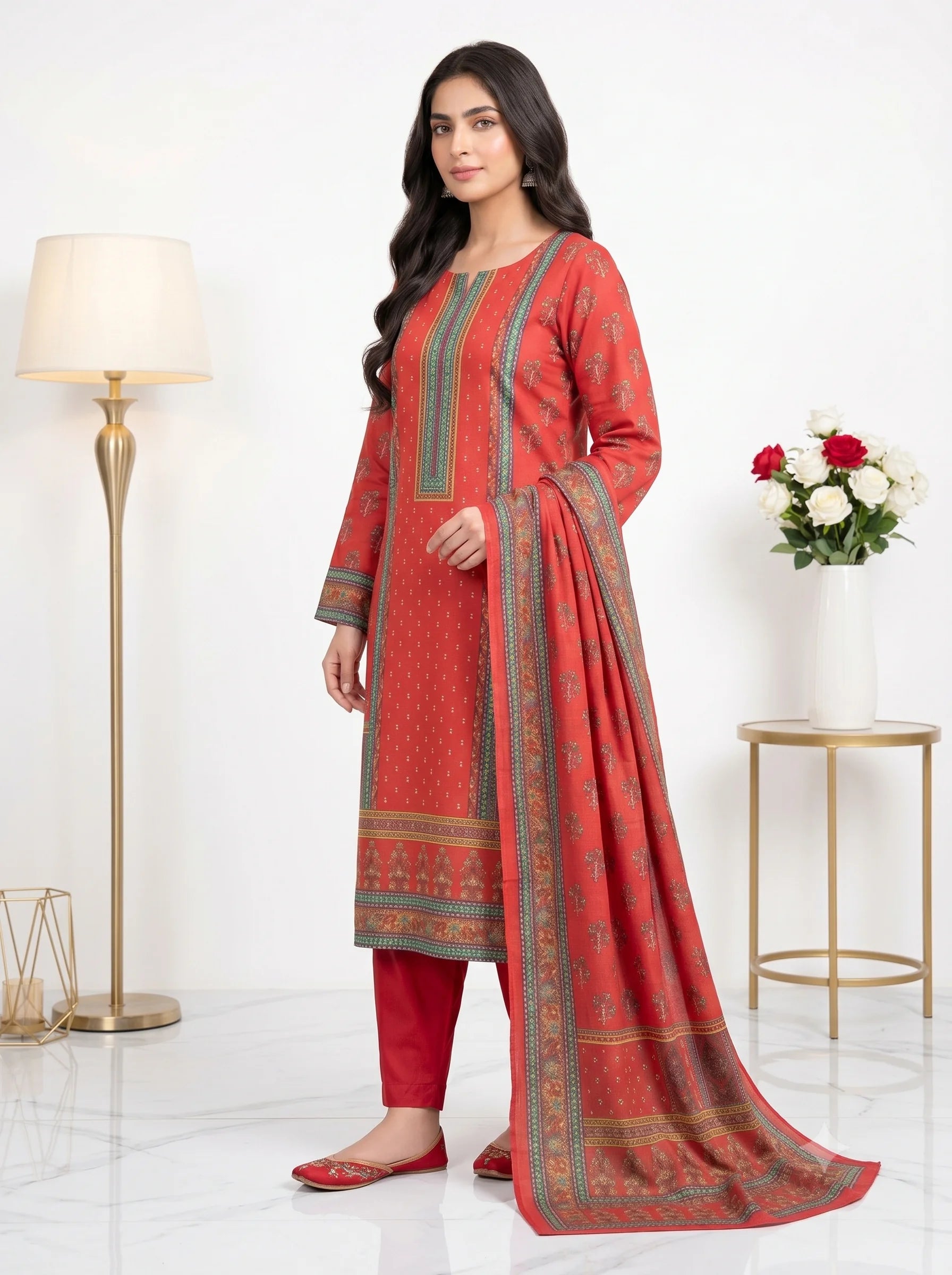 Crimson Red Printed Lawn — 3 Piece Unstitched