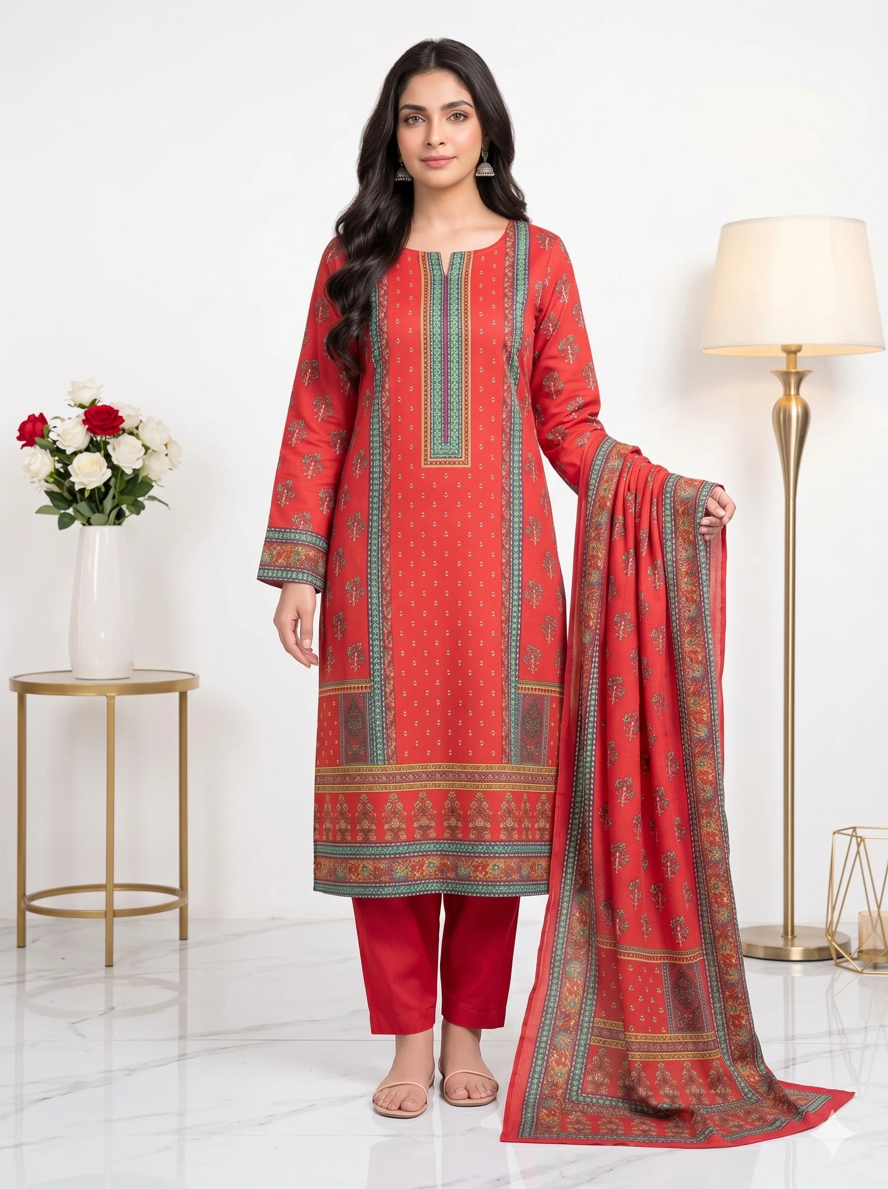 Crimson Red Printed Lawn — 3 Piece Unstitched