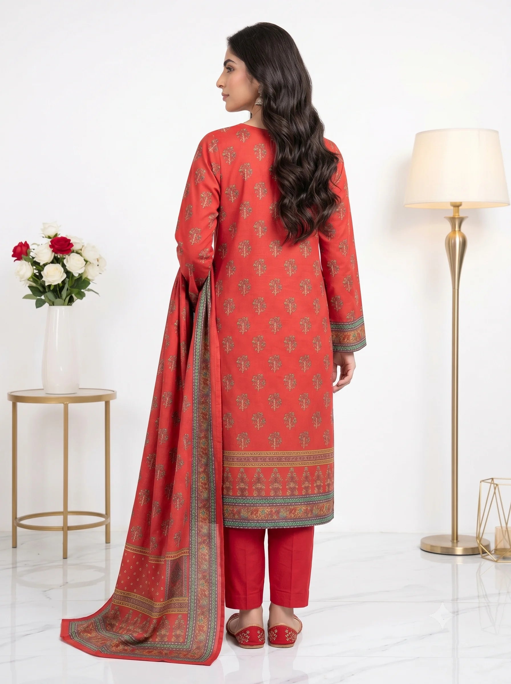 Crimson Red Printed Lawn — 3 Piece Unstitched