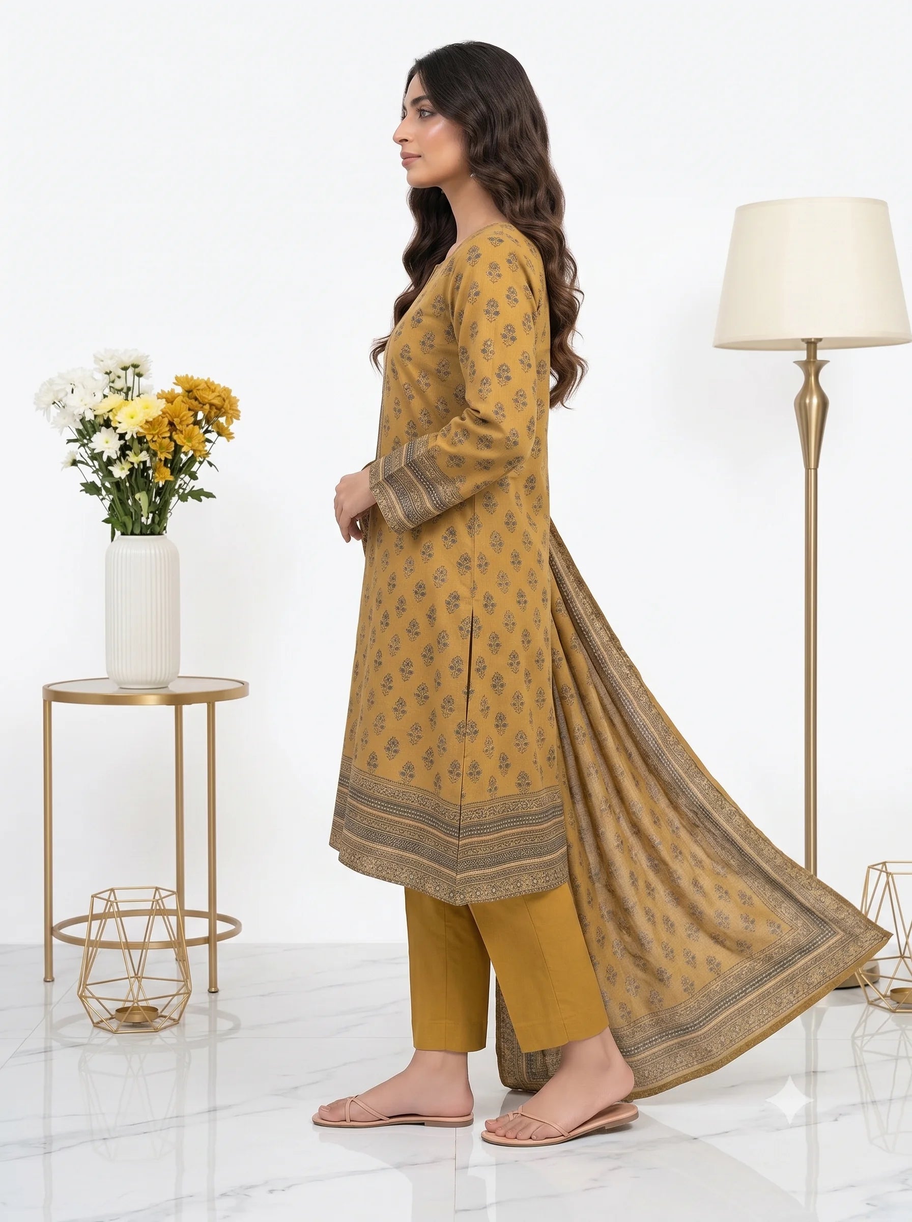 Golden Mustard Printed Lawn — 3 Piece Unstitched