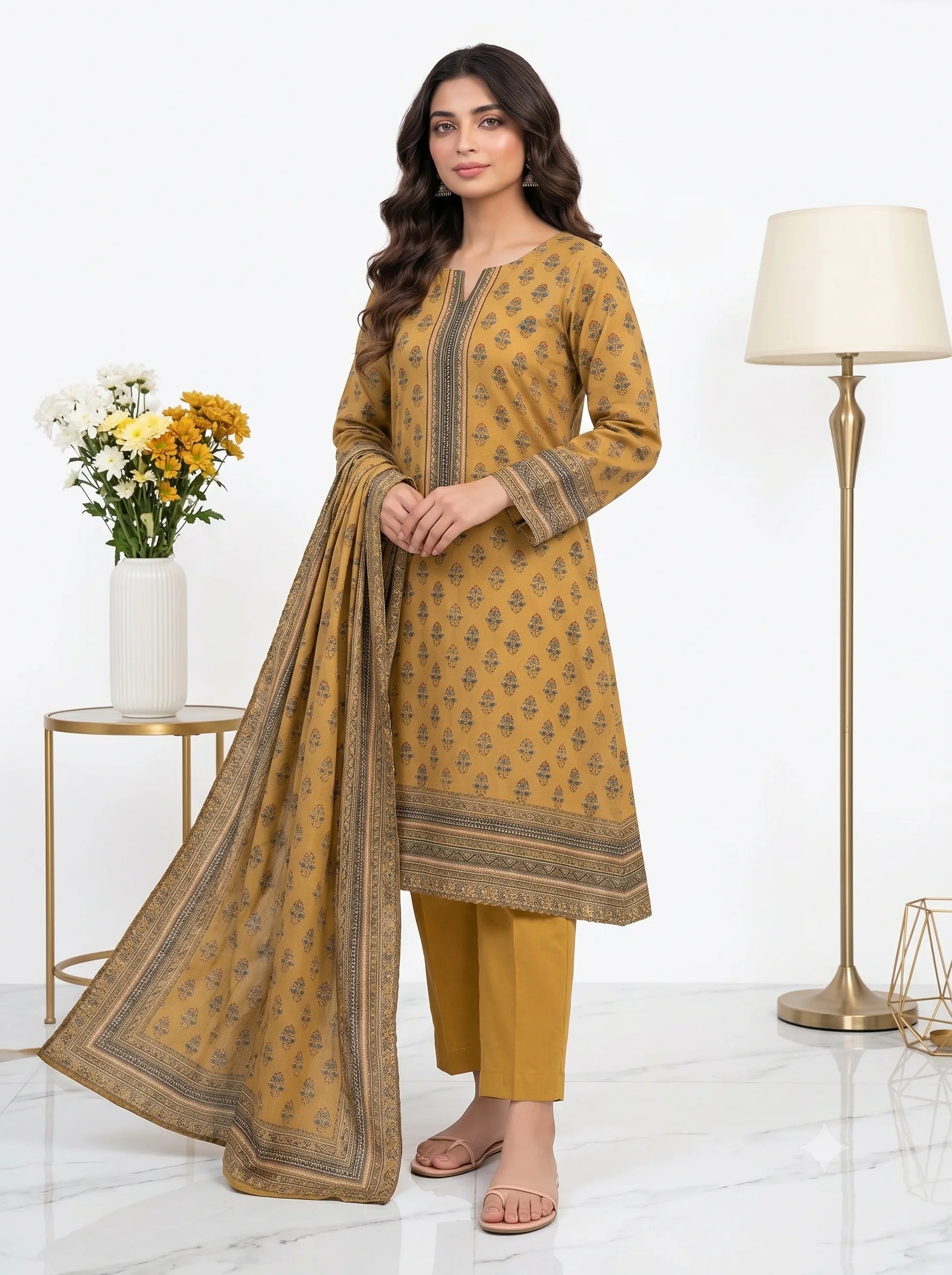 Golden Mustard Printed Lawn — 3 Piece Unstitched