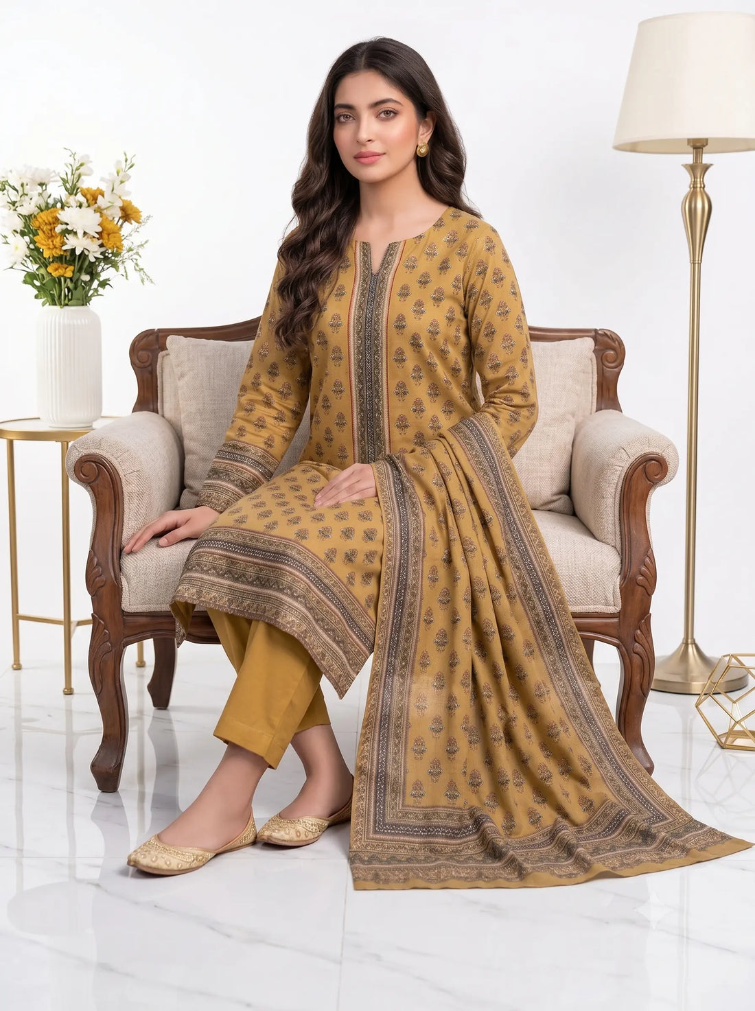 Golden Mustard Printed Lawn — 3 Piece Unstitched