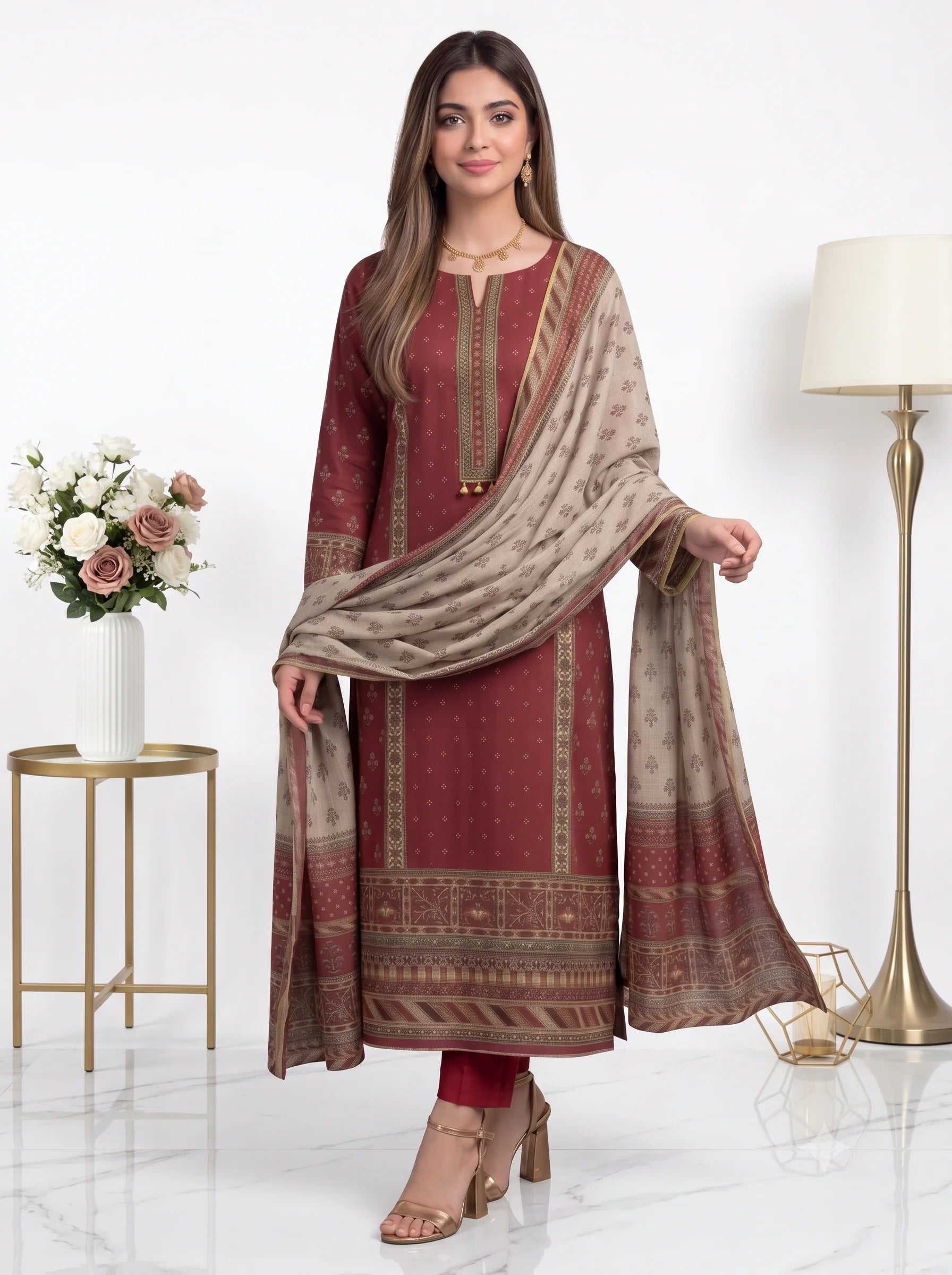 Woman wearing a maroon traditional outfit with a beige dupatta in a well-lit room.