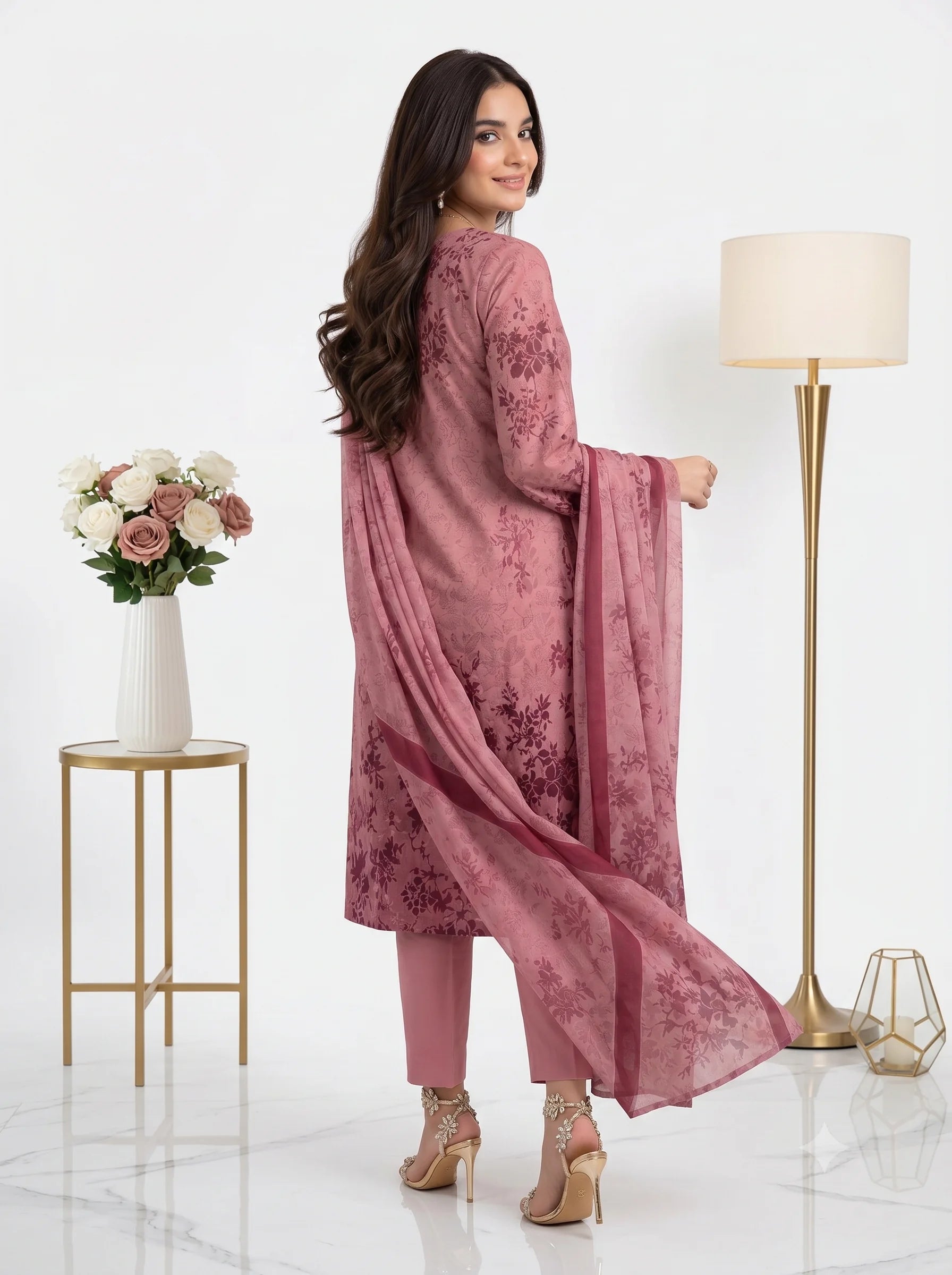 Dusty Rose Tonal Floral Printed Lawn — 3 Piece Unstitched