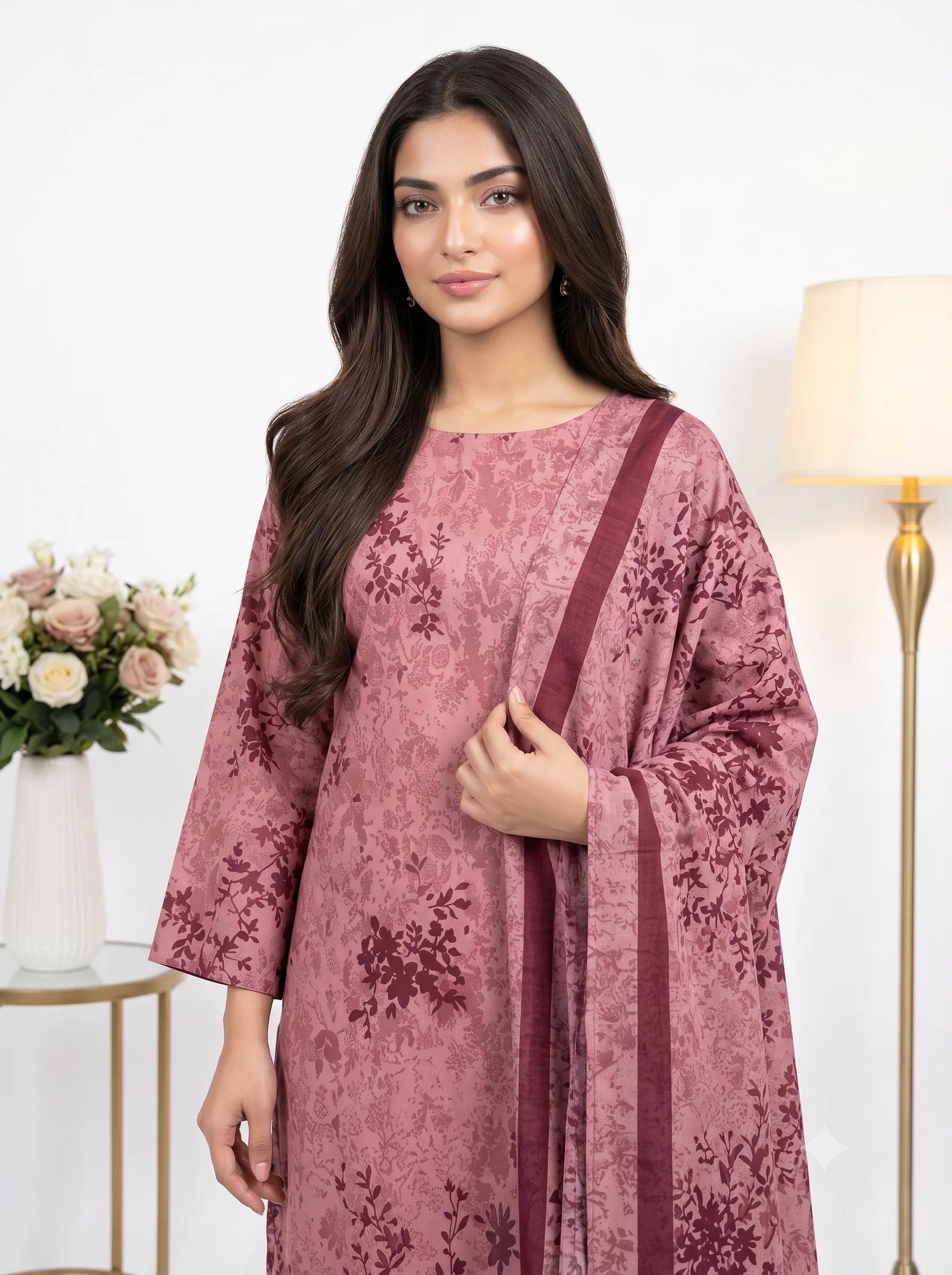 Dusty Rose Tonal Floral Printed Lawn — 3 Piece Unstitched