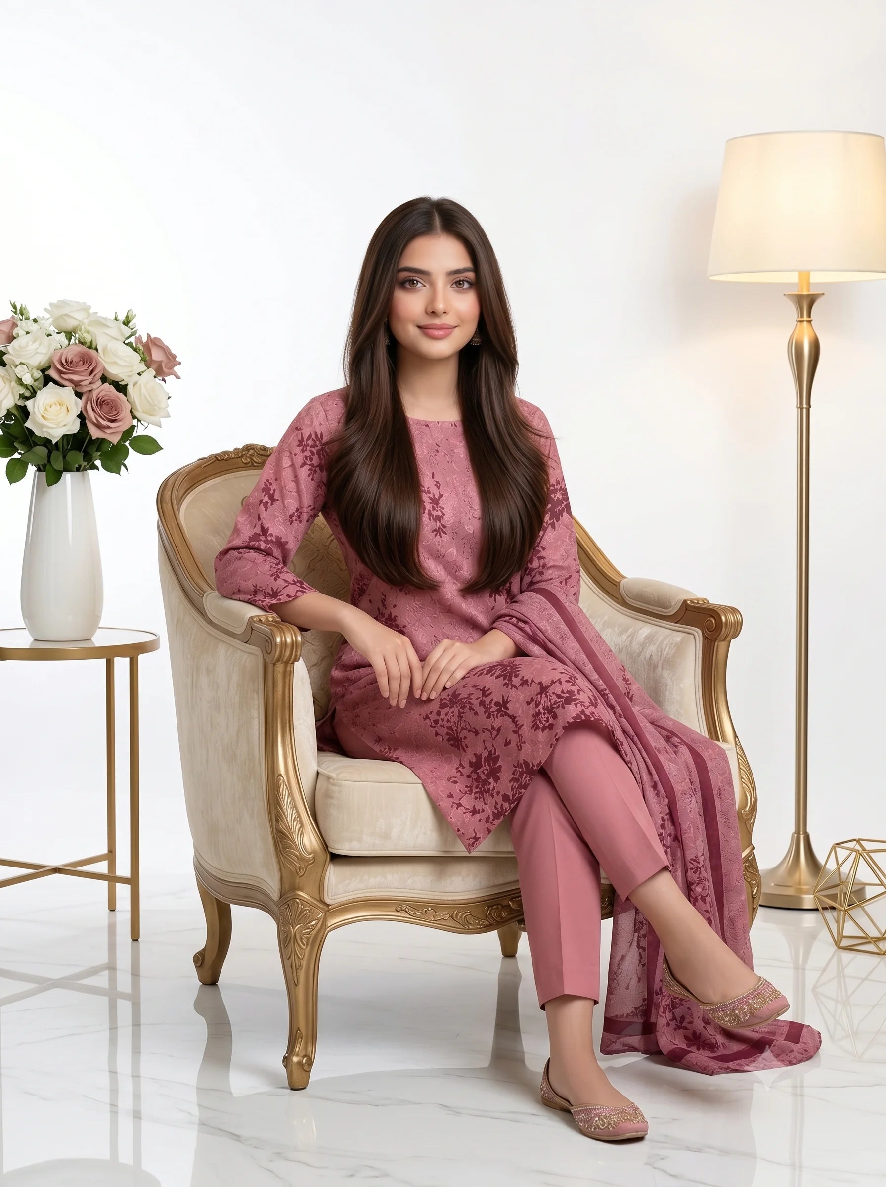 Dusty Rose Tonal Floral Printed Lawn — 3 Piece Unstitched