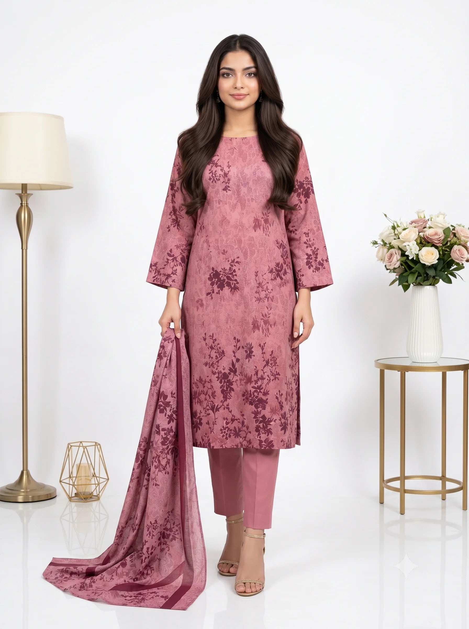 Dusty Rose Tonal Floral Printed Lawn — 3 Piece Unstitched
