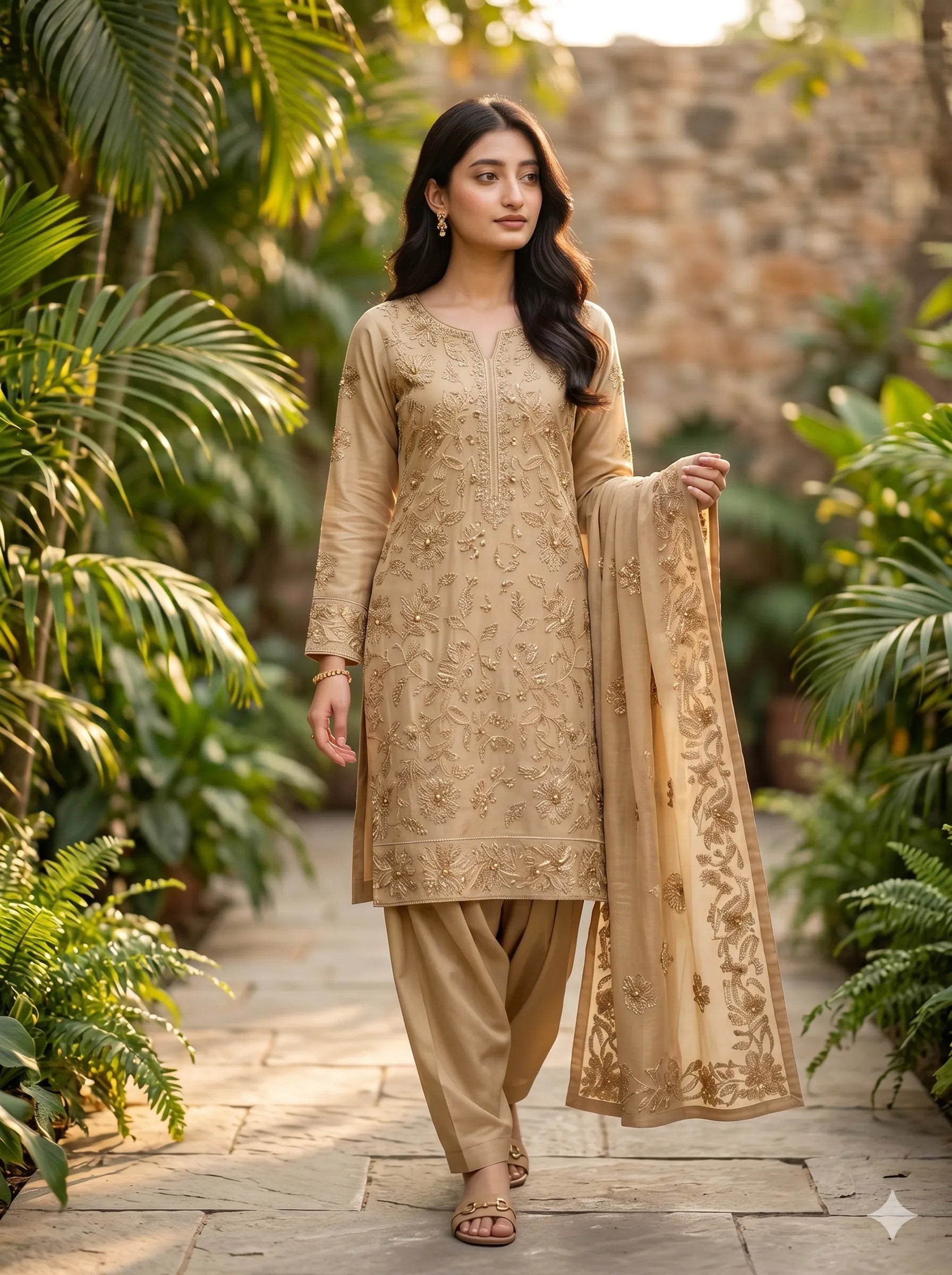 Woman in a beige traditional outfit with a matching dupatta, standing in a garden.