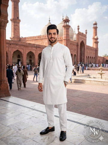 Pure white wash and wear signature fabric for men by Manha Wears