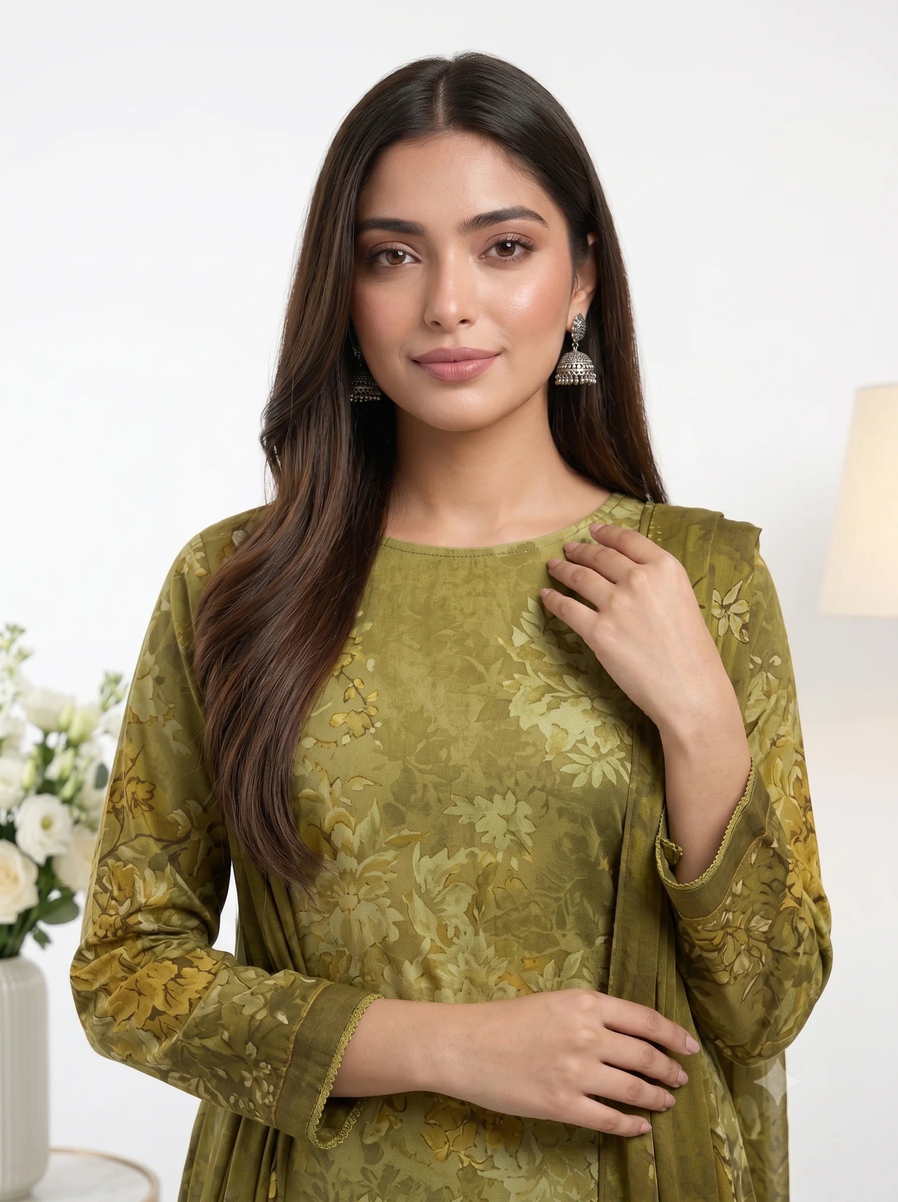 Olive Floral Printed Lawn — 3 Piece