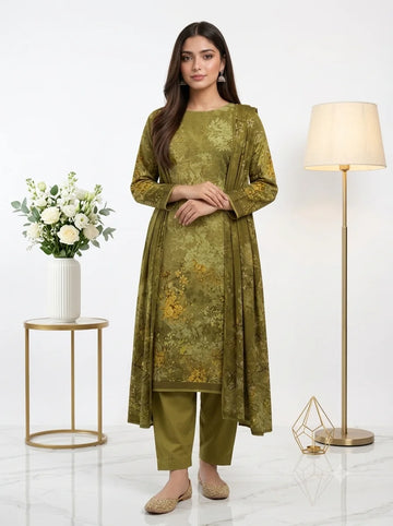 Olive Floral Printed Lawn — 3 Piece