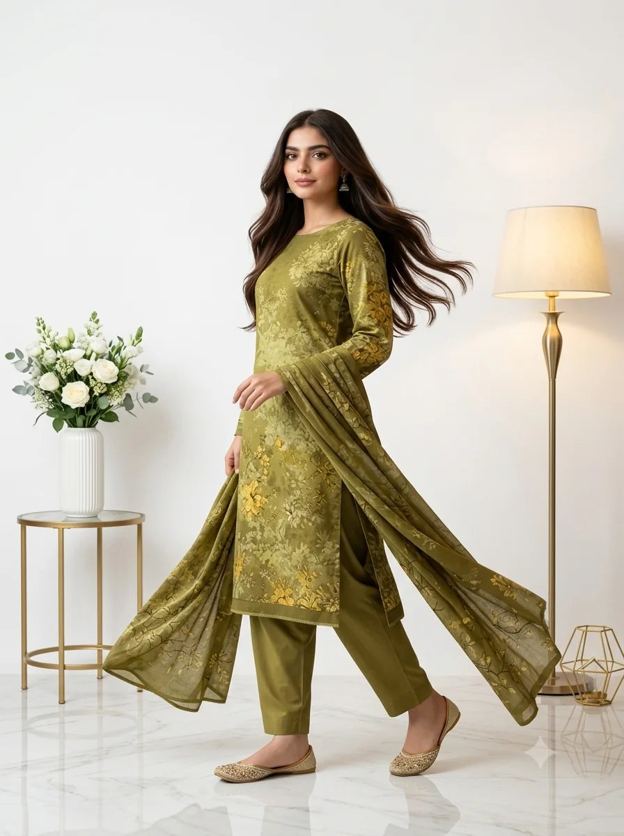 Olive Floral Printed Lawn — 3 Piece