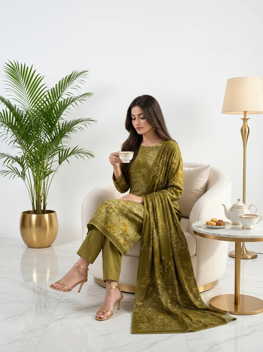 Olive Floral Printed Lawn — 3 Piece