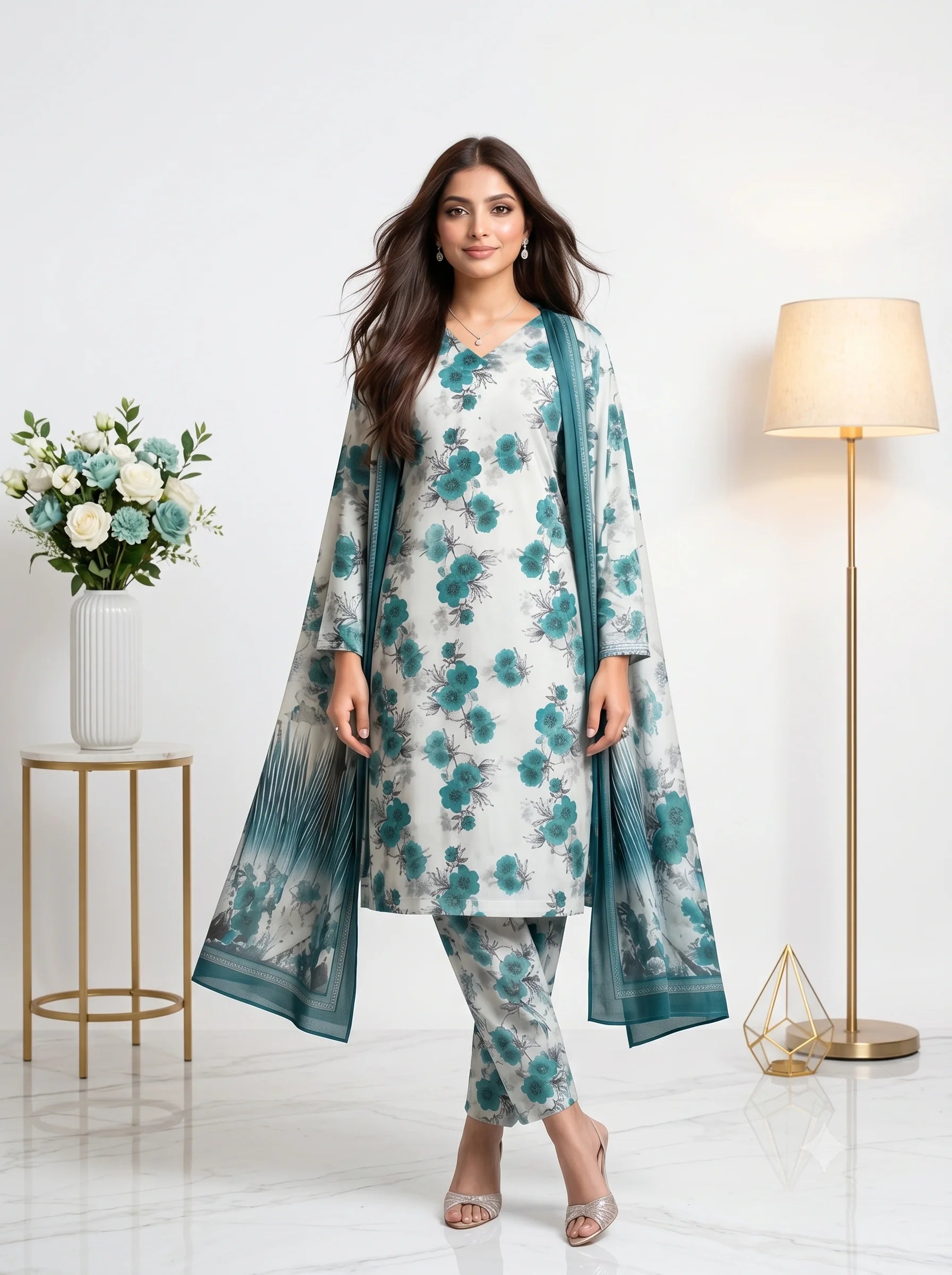 White Teal Floral Printed Lawn — 3 Piece