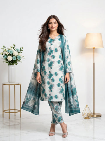 White Teal Floral Printed Lawn — 3 Piece