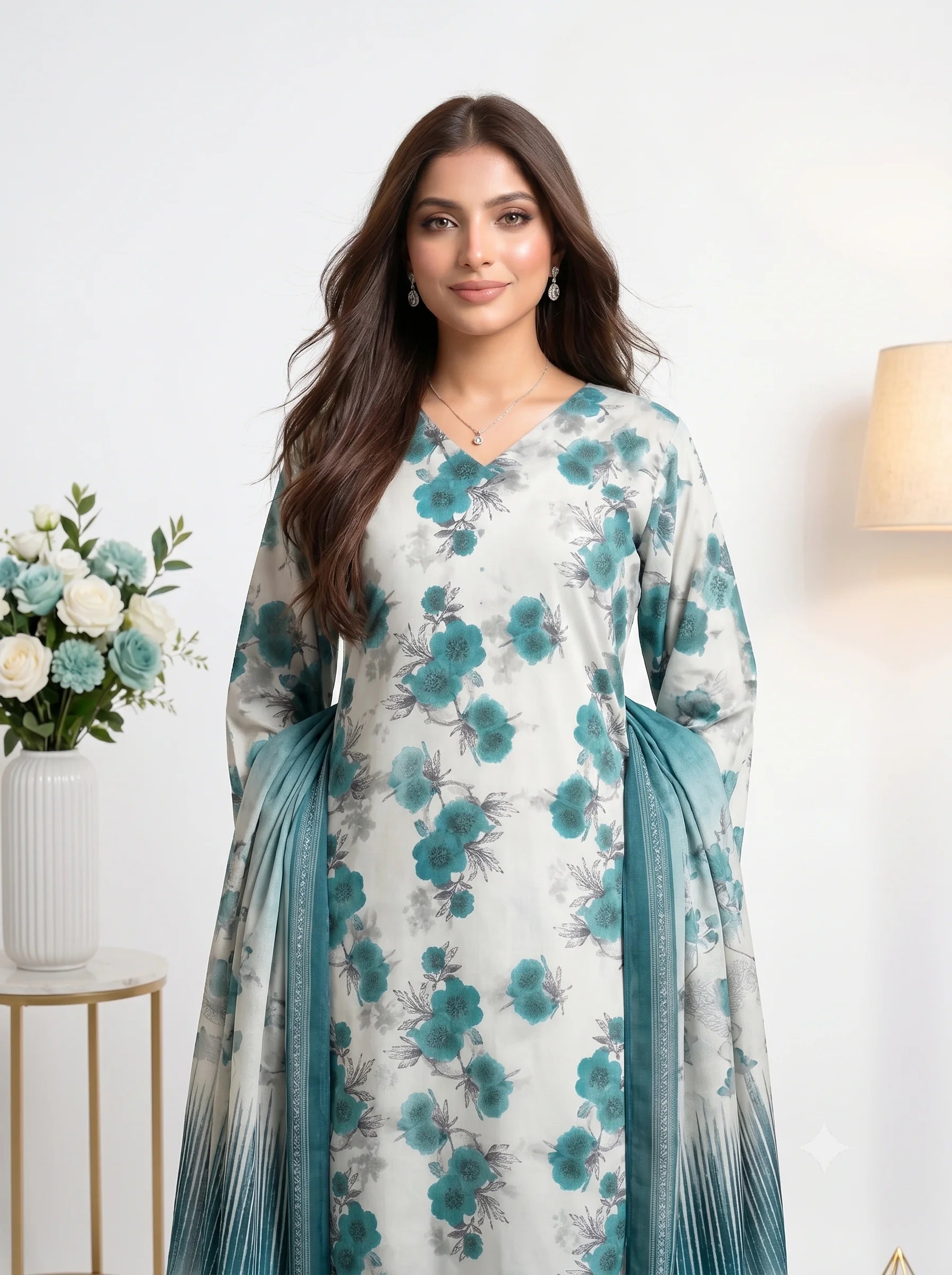 White Teal Floral Printed Lawn — 3 Piece