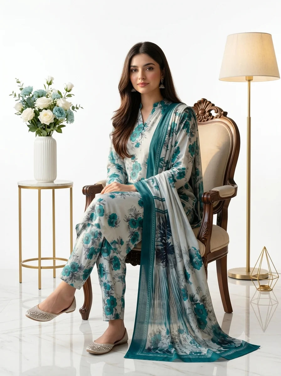 White Teal Floral Printed Lawn — 3 Piece