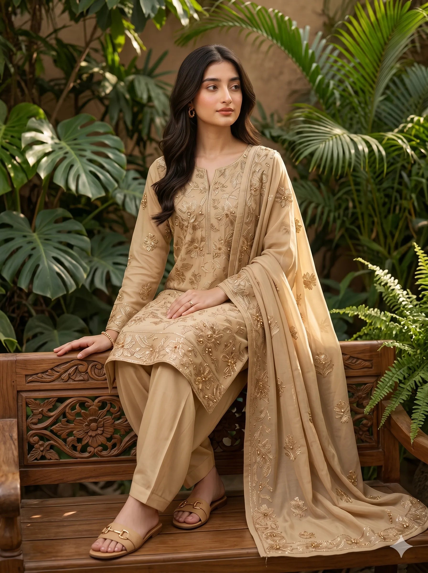 Woman in beige embroidered traditional outfit sitting on a wooden bench with greenery in the background