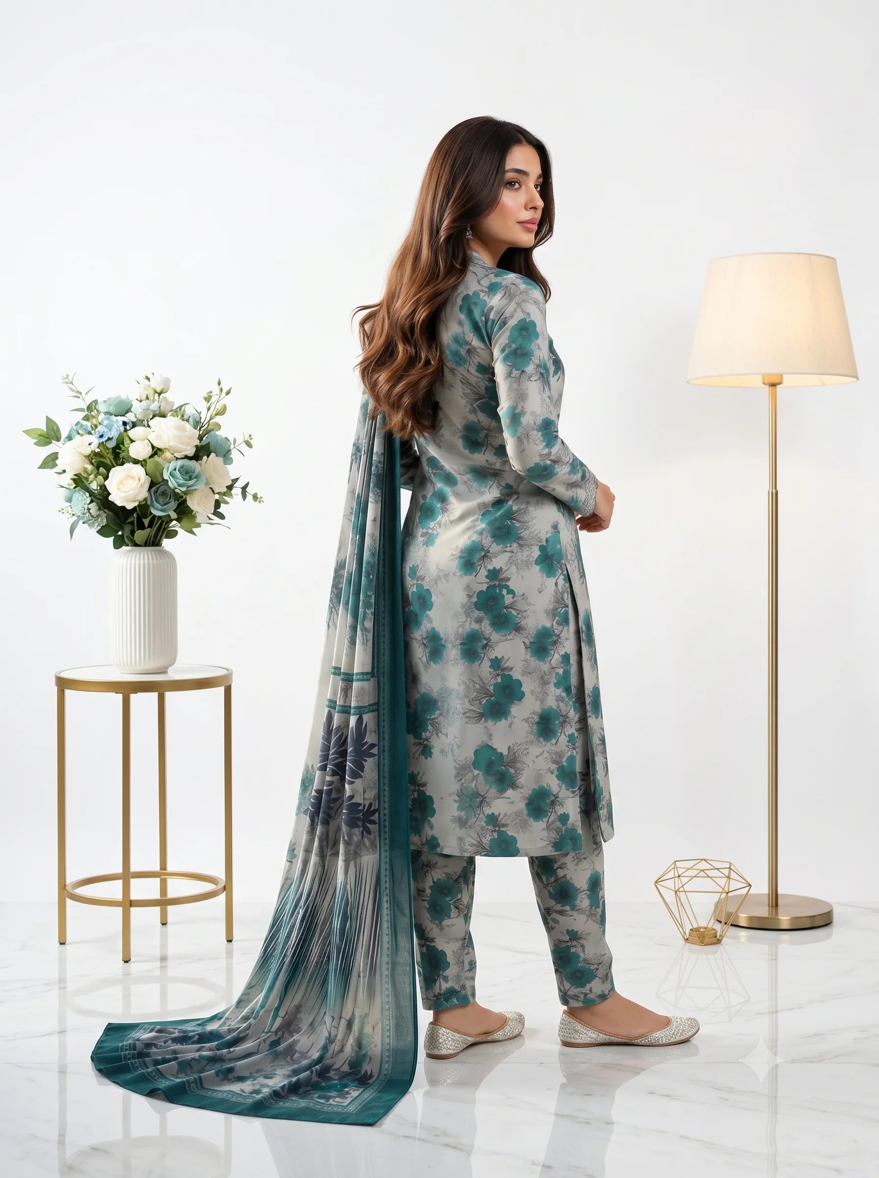White Teal Floral Printed Lawn — 3 Piece