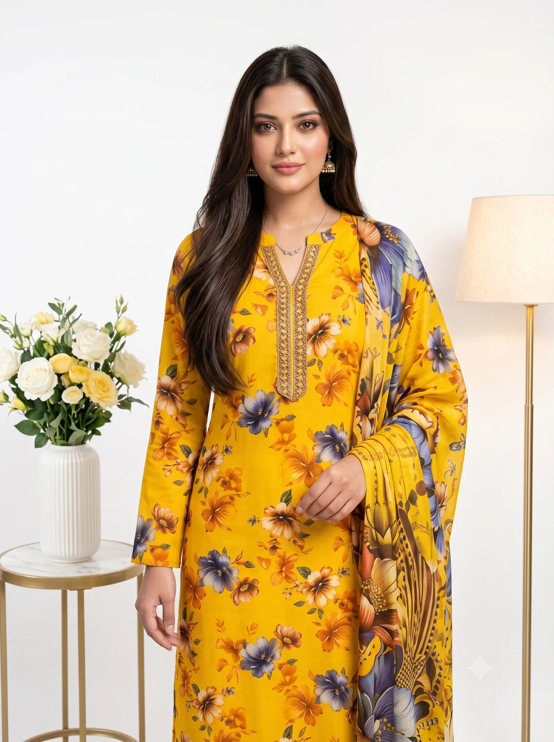 Yellow Multi-Floral Printed Lawn — 3 Piece