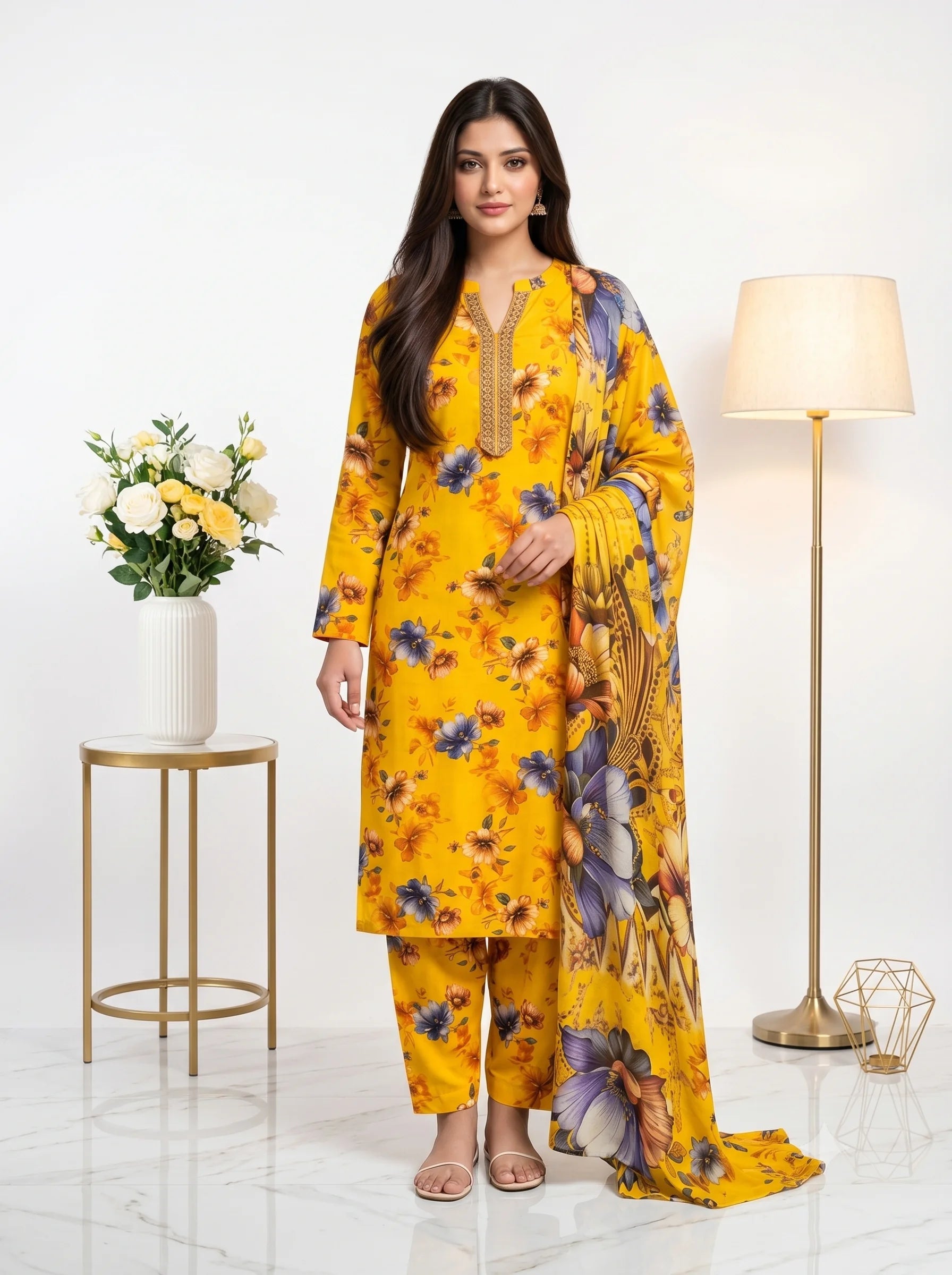 Yellow Multi-Floral Printed Lawn — 3 Piece