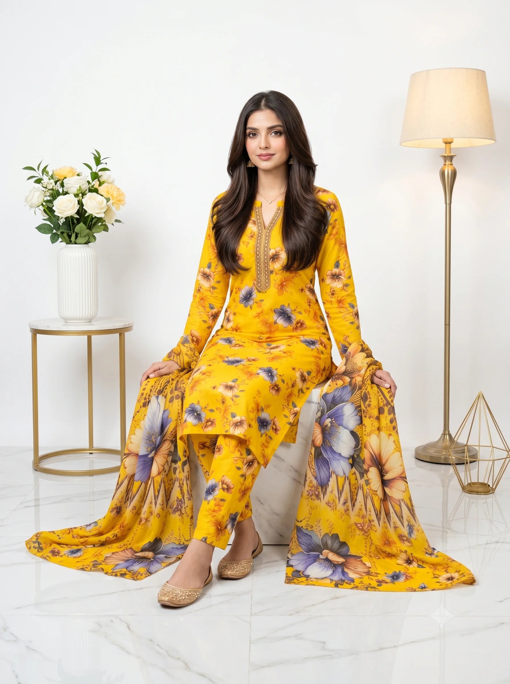 Yellow Multi-Floral Printed Lawn — 3 Piece