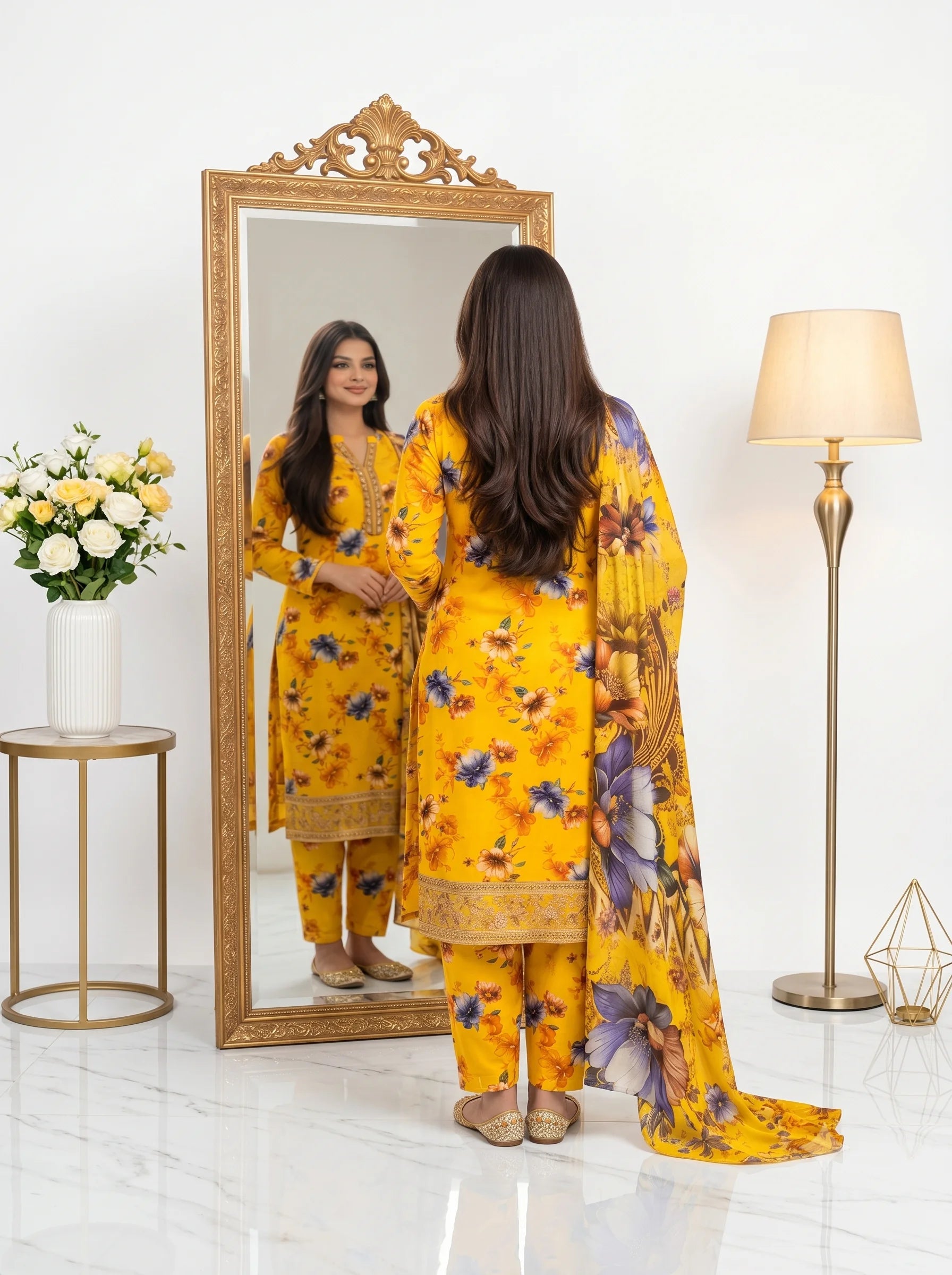 Yellow Multi-Floral Printed Lawn — 3 Piece