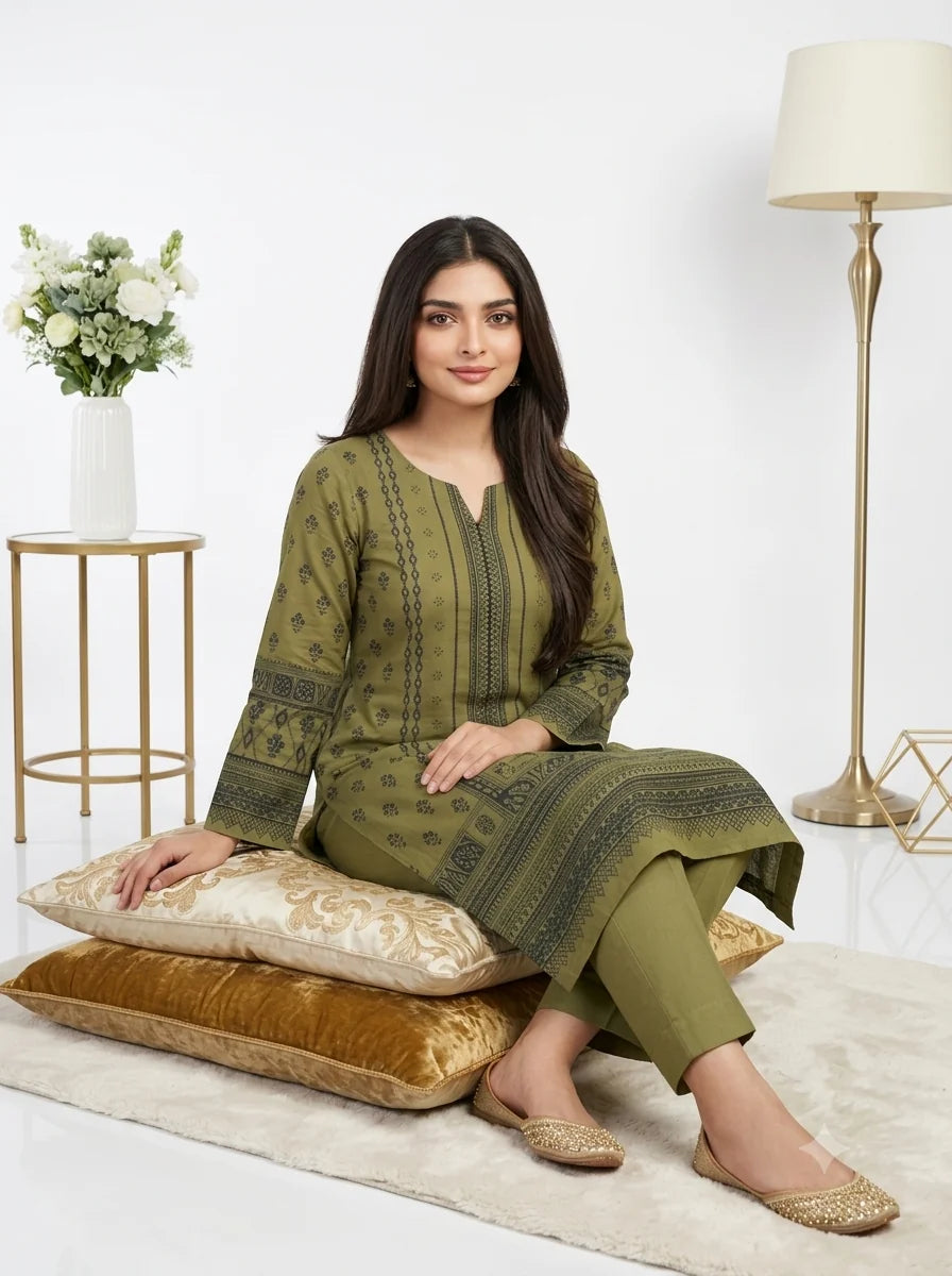 Woman in a green traditional outfit sitting on a white floor with decorative pillows and a lamp in the background.