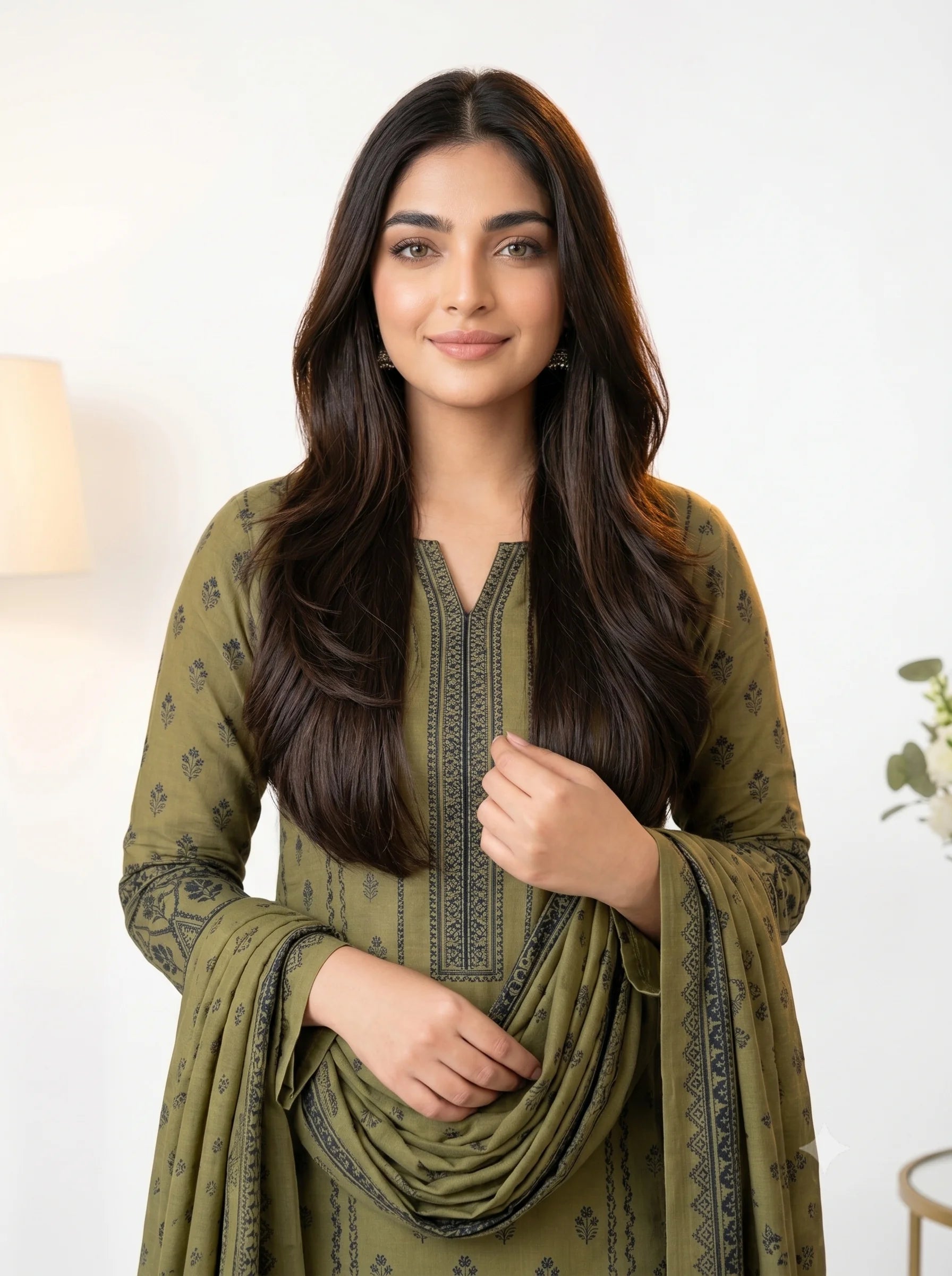 Woman wearing a green traditional outfit with a white background