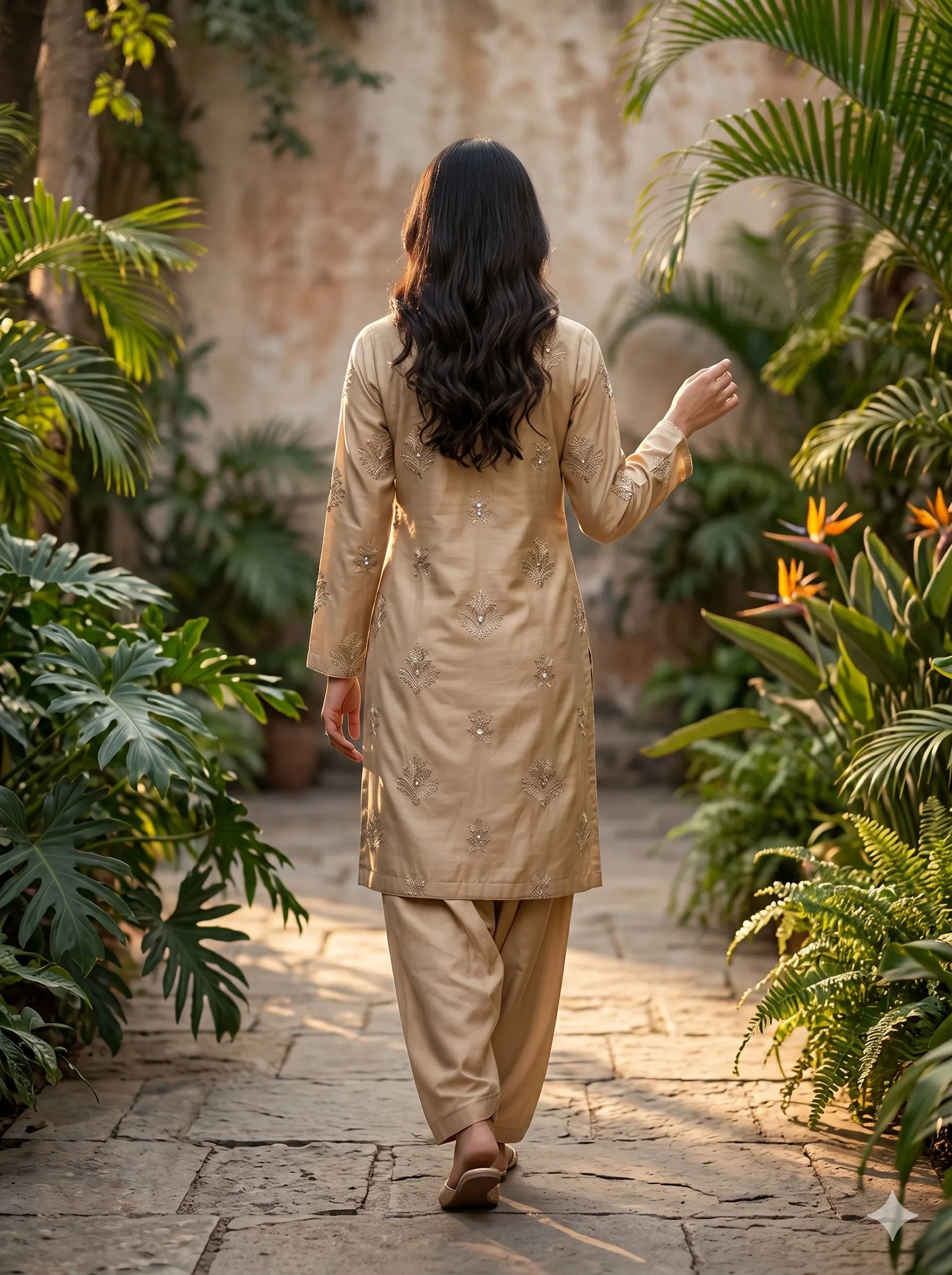 Woman in a beige traditional outfit walking through a garden with lush greenery.