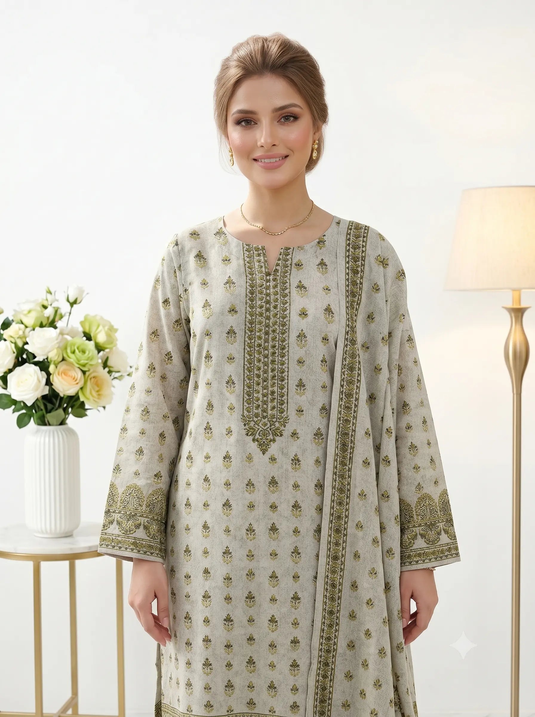 Dove Grey Olive Printed Lawn — 3 Piece Unstitched