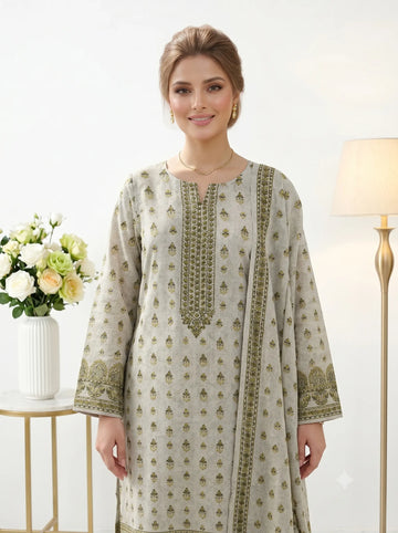 Dove Grey Olive Printed Lawn — 3 Piece Unstitched
