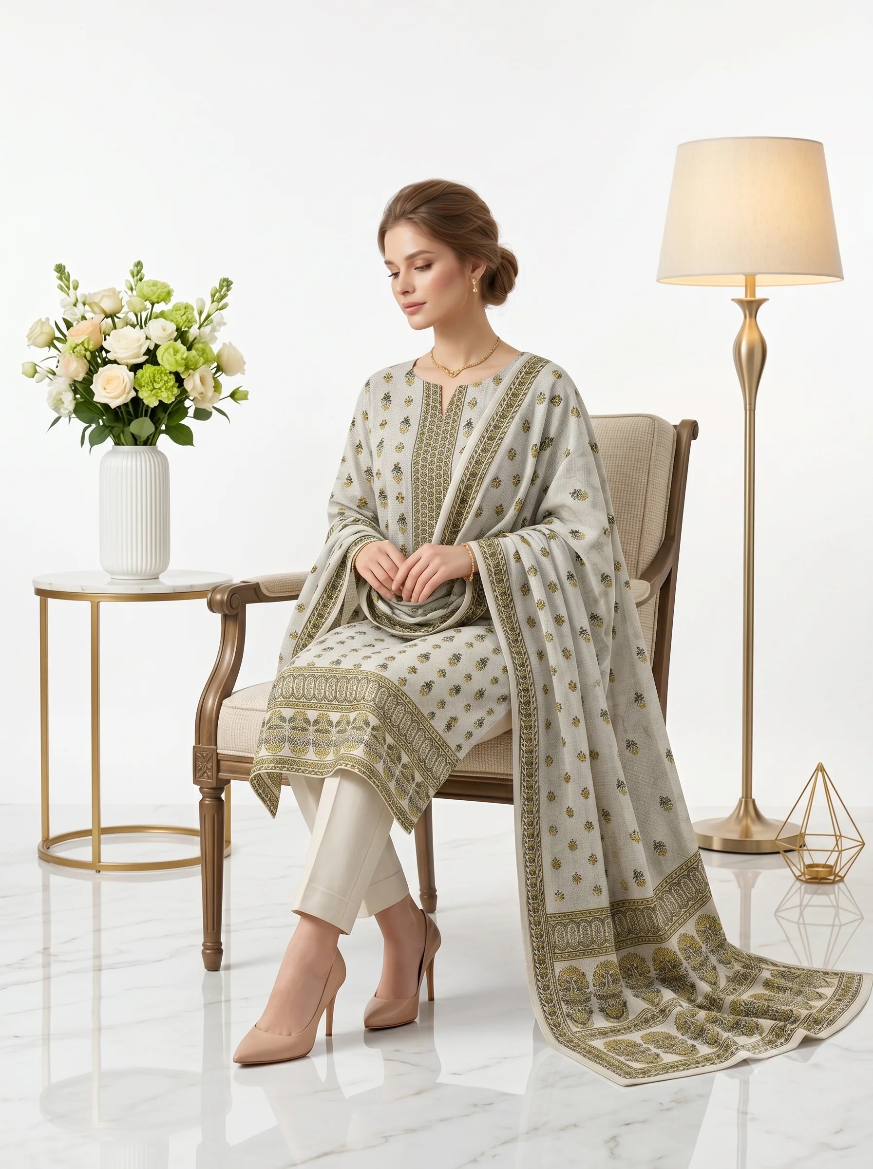 Dove Grey Olive Printed Lawn — 3 Piece Unstitched