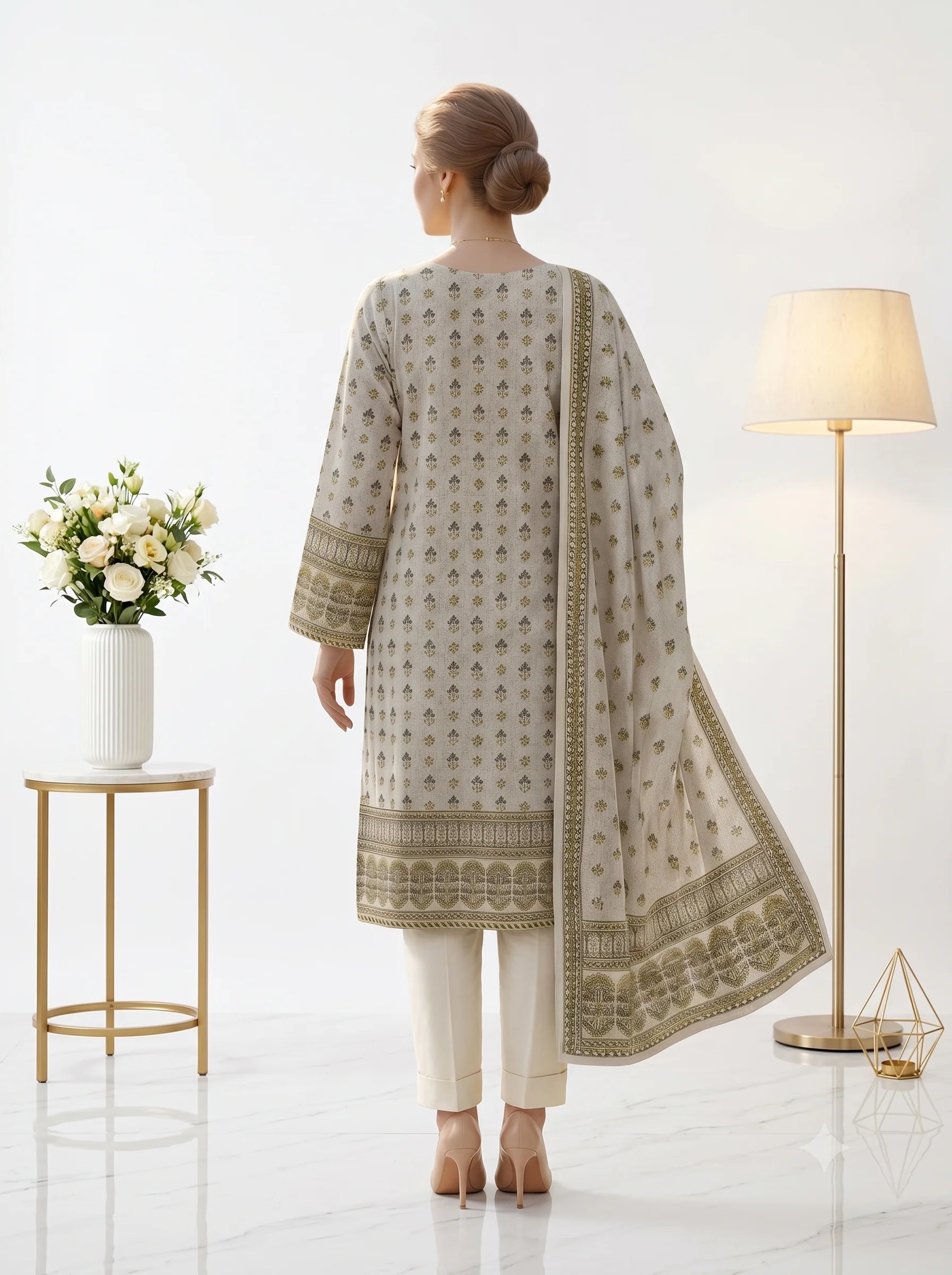Dove Grey Olive Printed Lawn — 3 Piece Unstitched