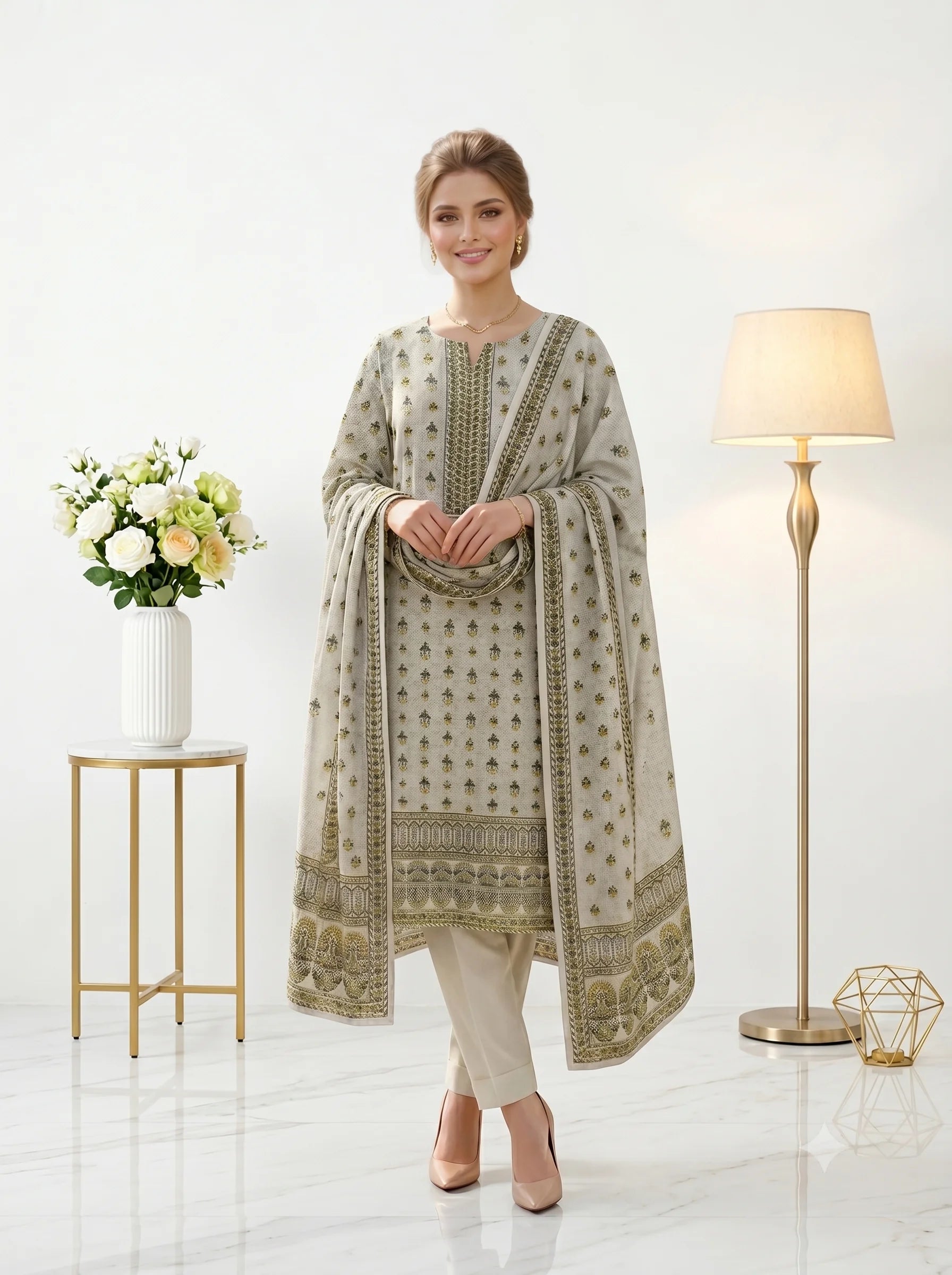 Dove Grey Olive Printed Lawn — 3 Piece Unstitched