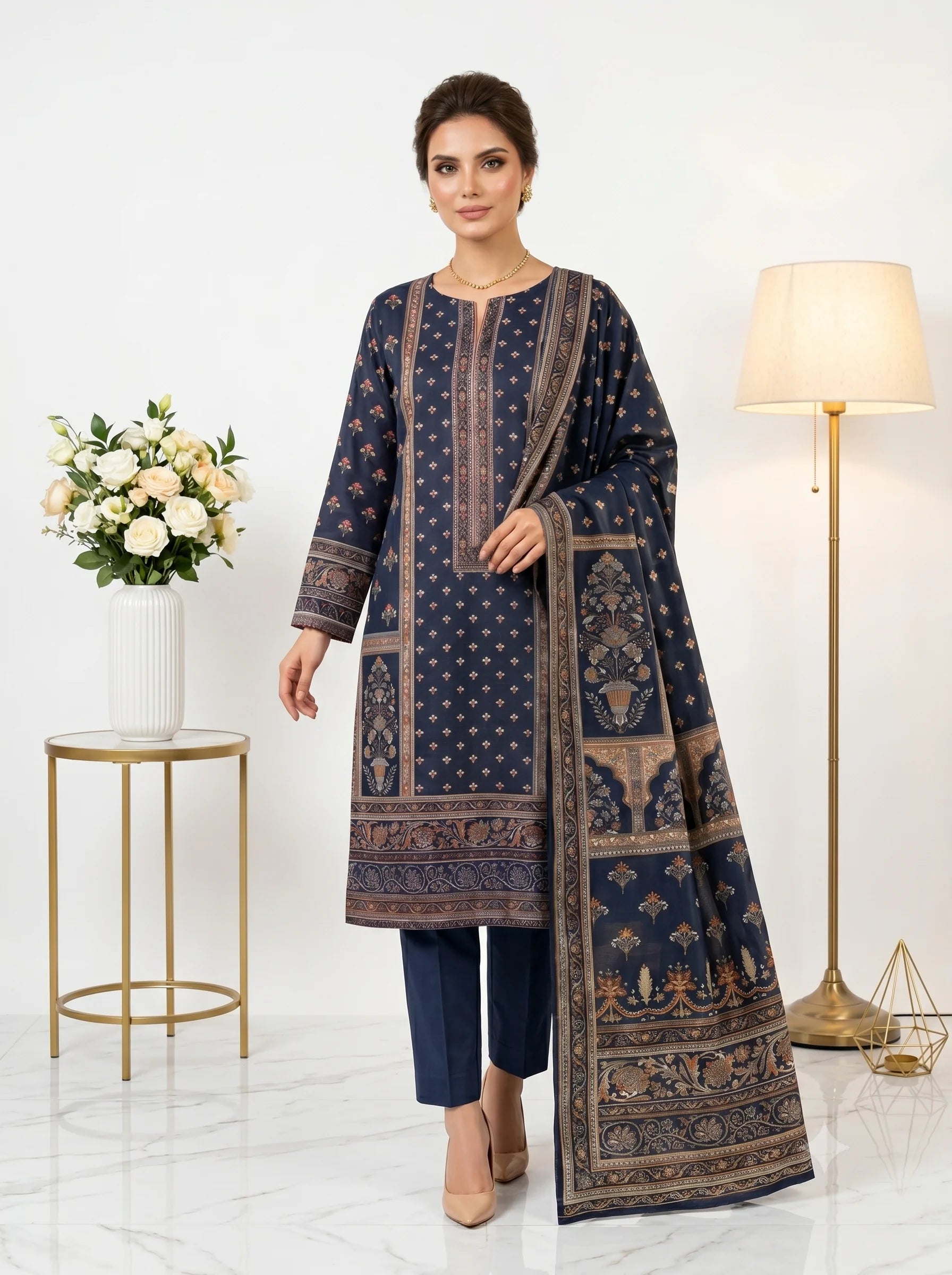 Navy Copper Printed Lawn — 3 Piece