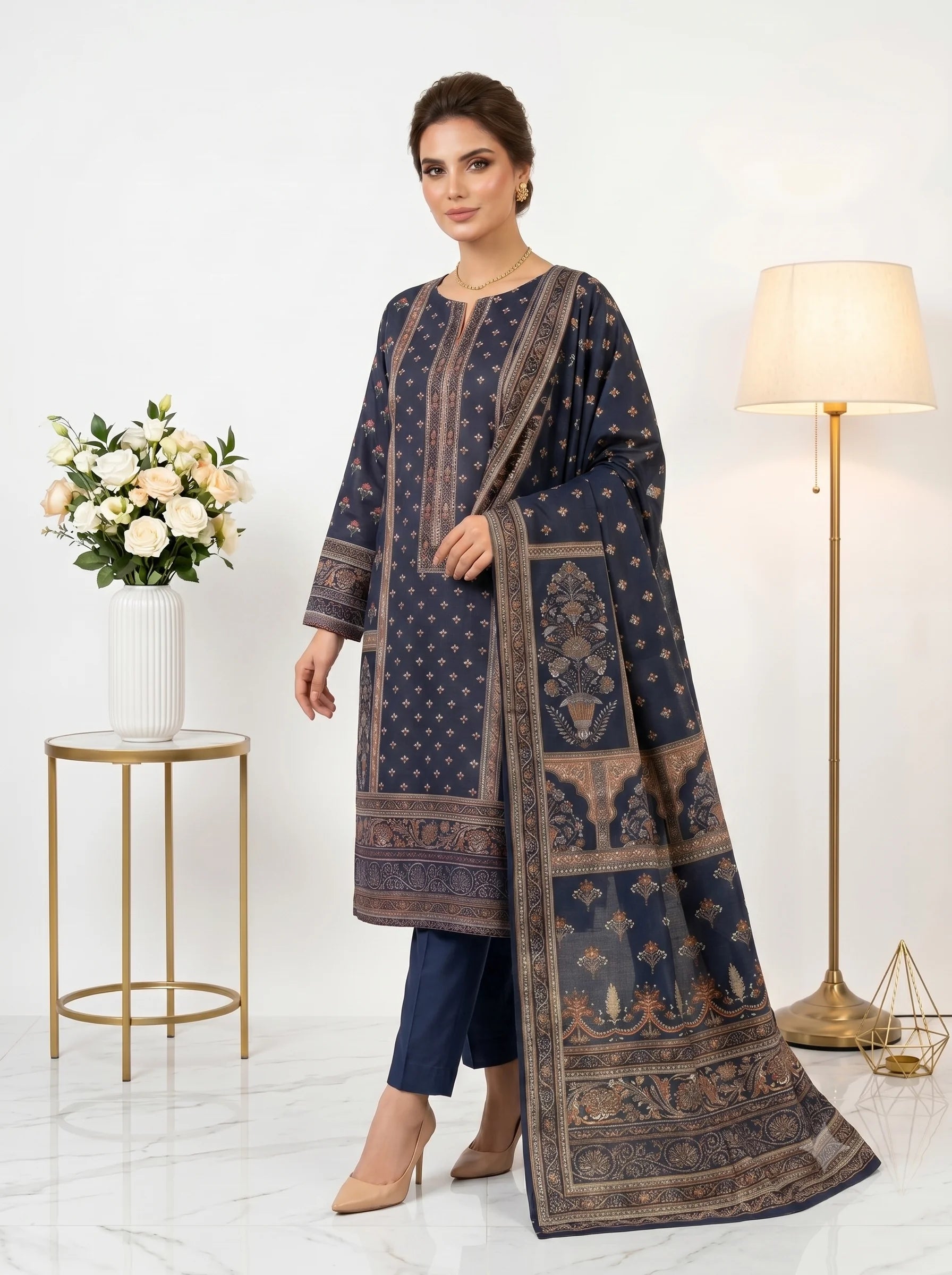 Navy Copper Printed Lawn — 3 Piece