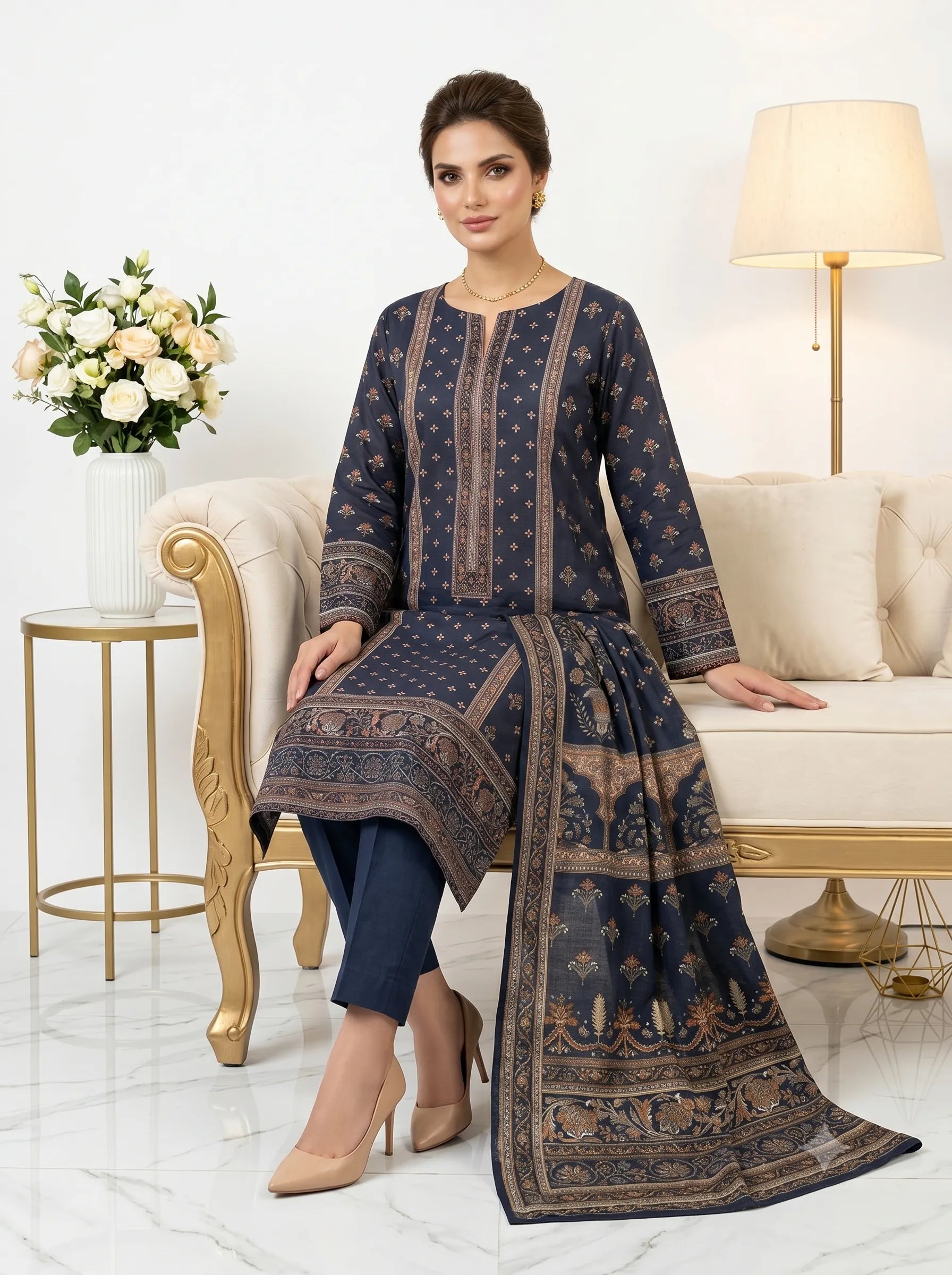 Navy Copper Printed Lawn — 3 Piece