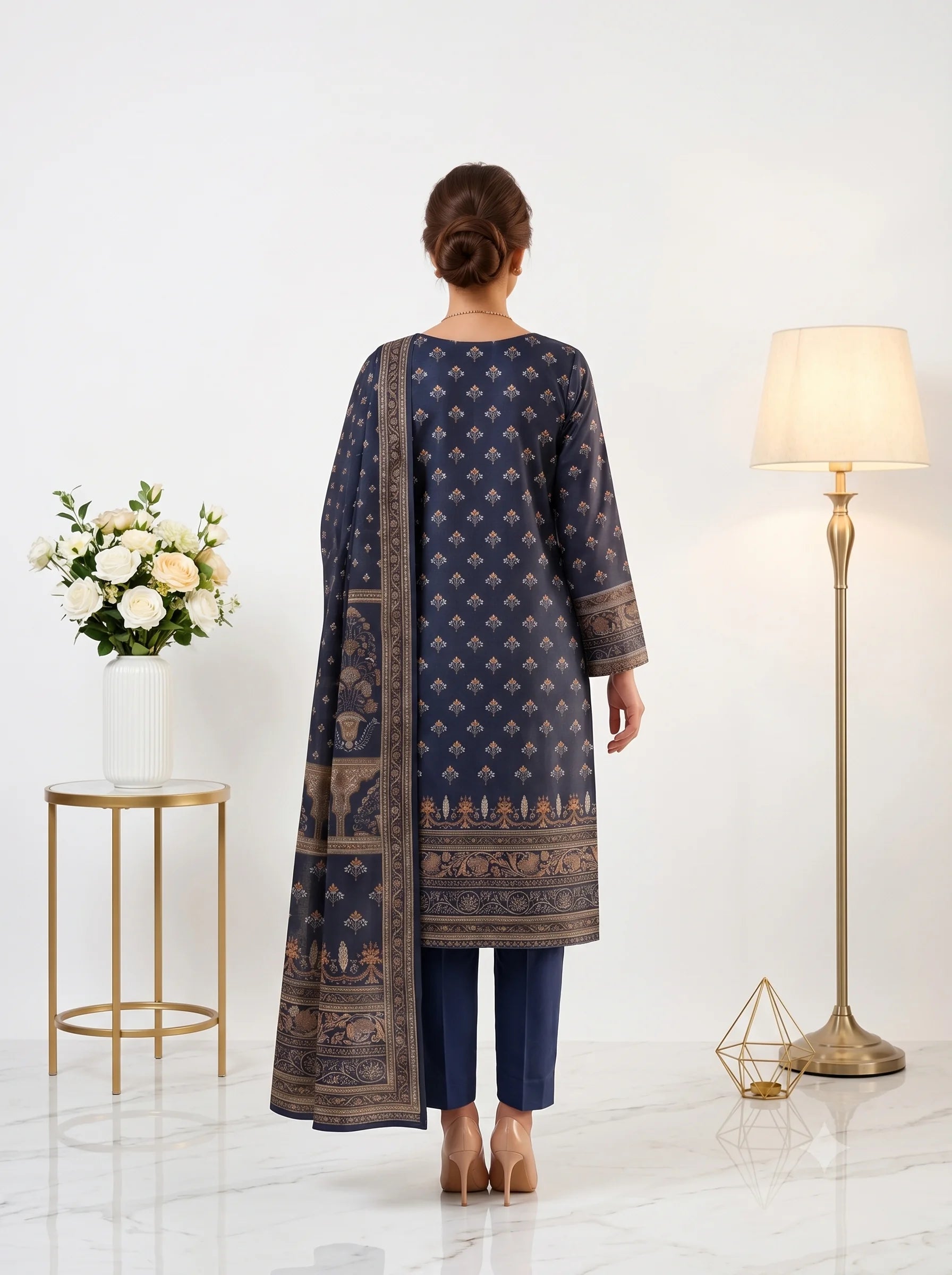 Navy Copper Printed Lawn — 3 Piece