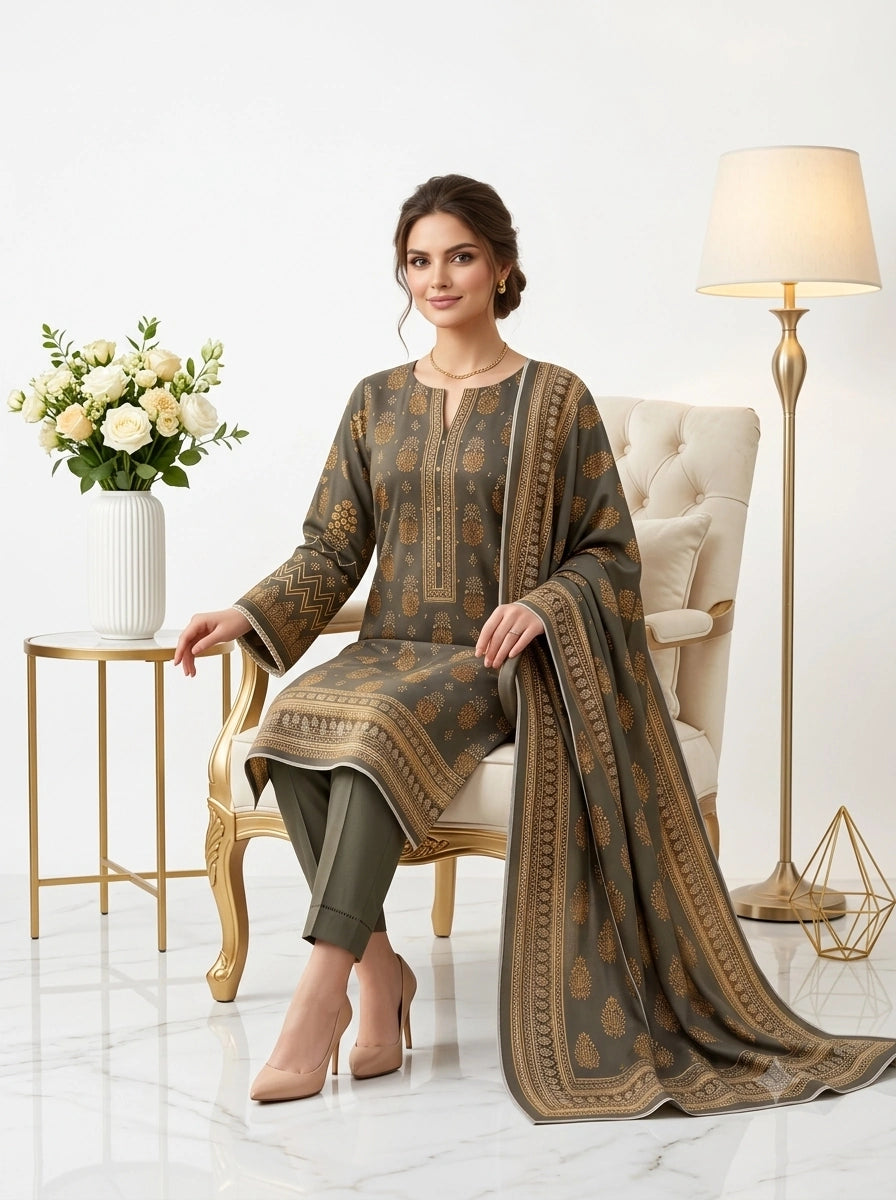 Woman sitting on a chair wearing a traditional outfit with a matching dupatta in a well-lit room.