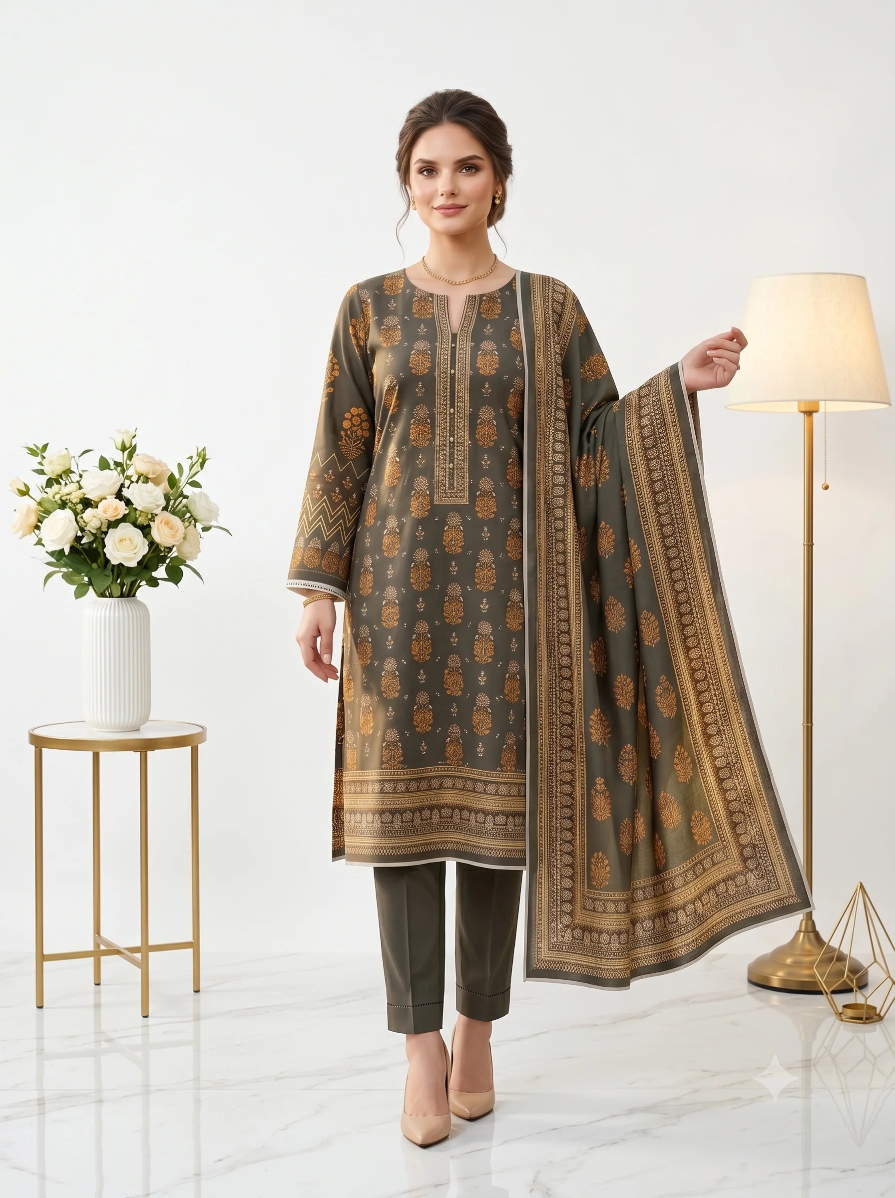 Woman holding a patterned dupatta in a well-lit room with decor elements.