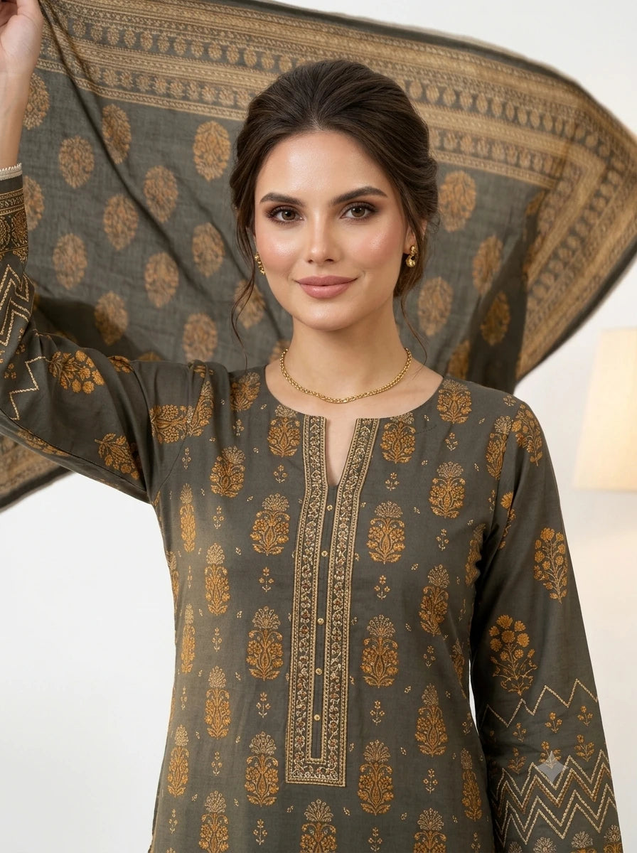 Olive Printed Lawn — 3 Piece