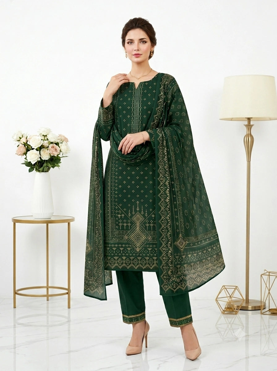 Woman wearing a green embroidered outfit in a minimalistic setting with a lamp and flowers.