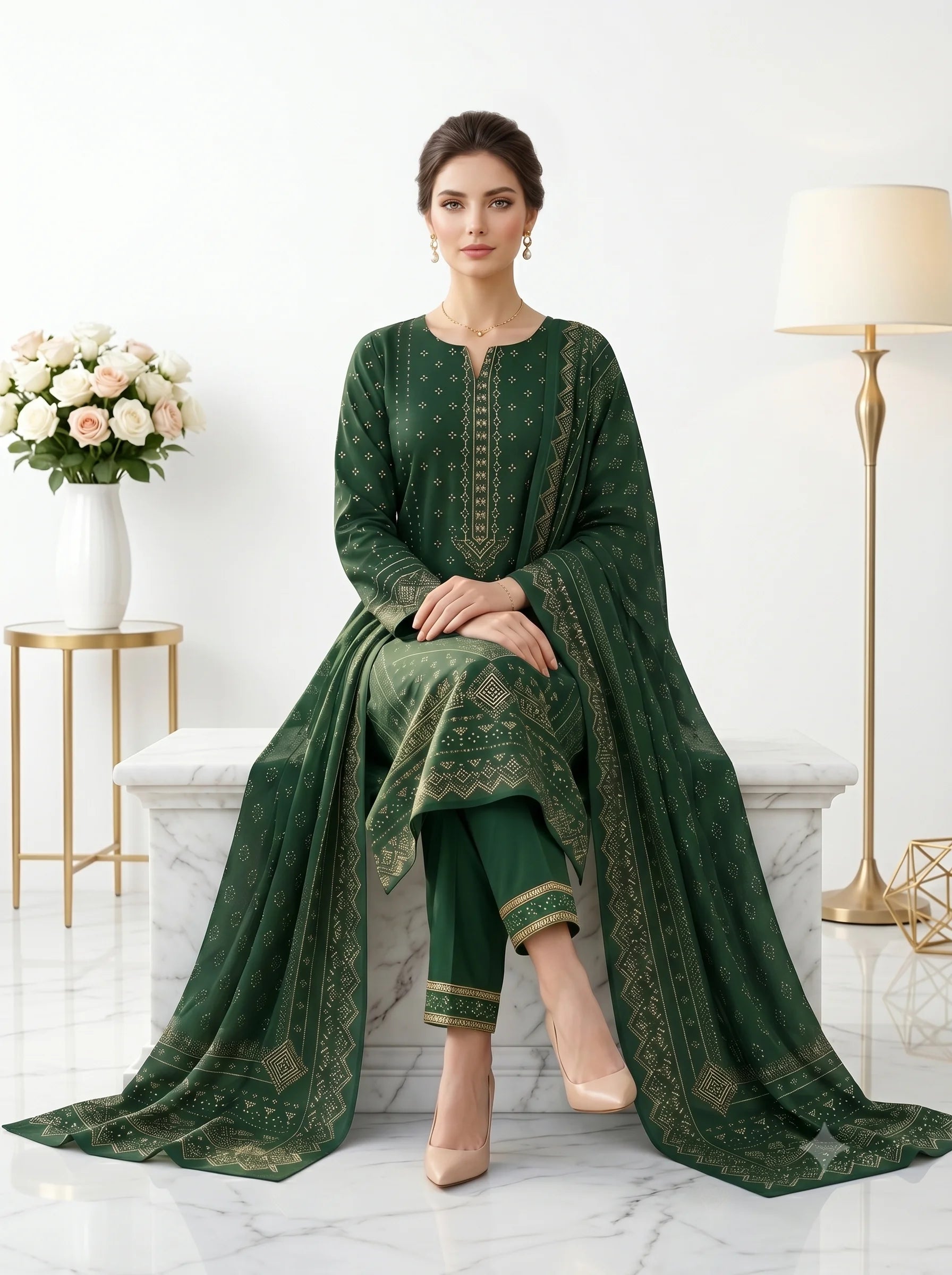 Woman wearing a green traditional outfit sitting on a white marble bench with a white background.