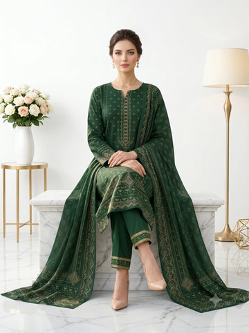 Woman wearing a green traditional outfit sitting on a white marble bench with a white background.