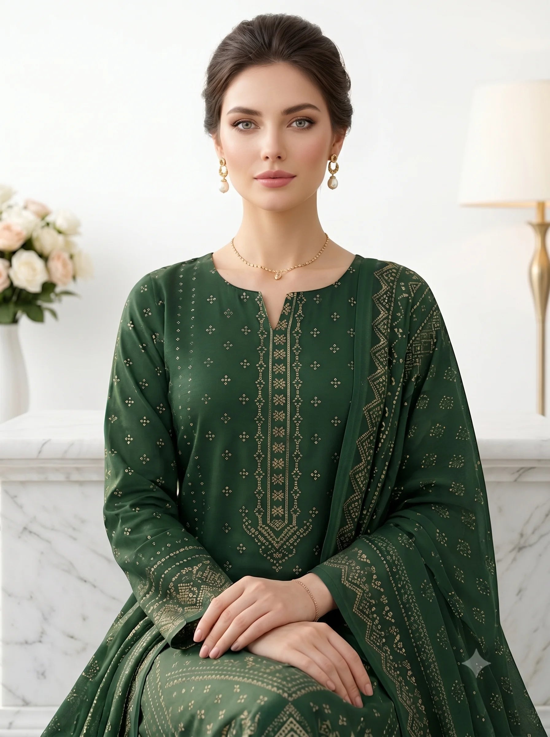 Woman wearing a green embroidered dress in a elegant indoor setting