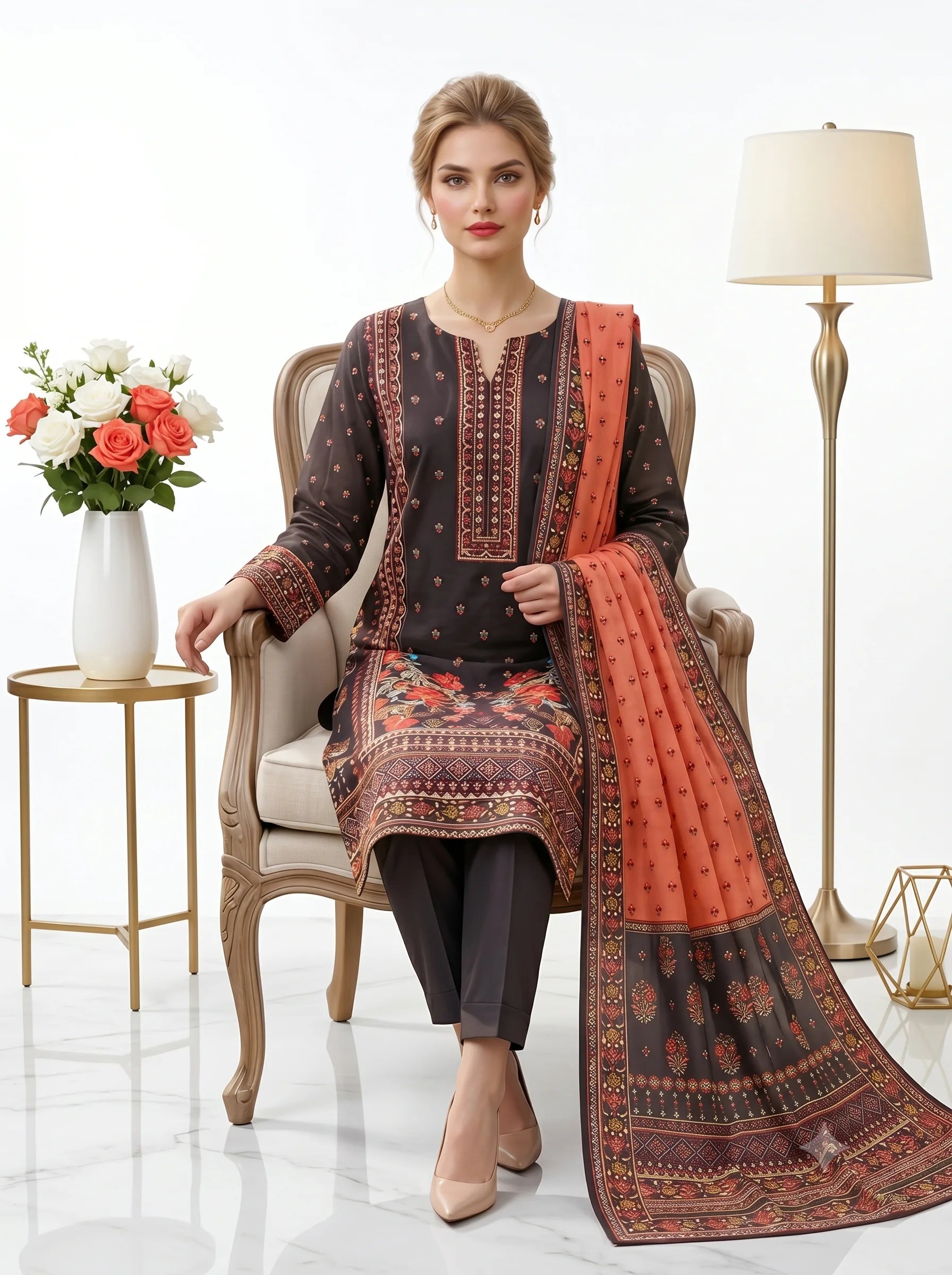 Woman sitting in a chair wearing a traditional outfit with a floral pattern, holding a matching dupatta.