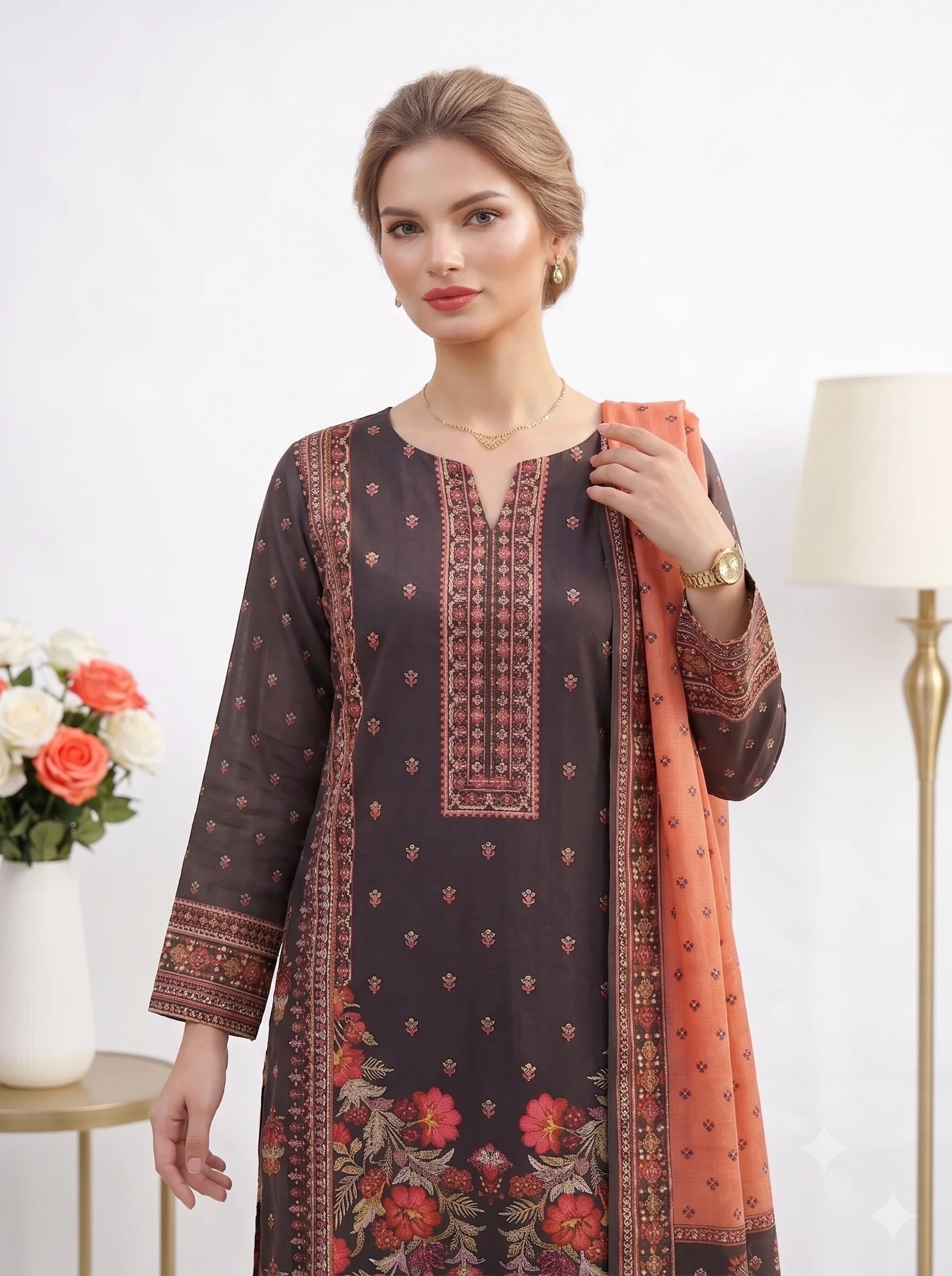 Woman wearing a dark brown embroidered dress with an orange dupatta in a well-lit room.